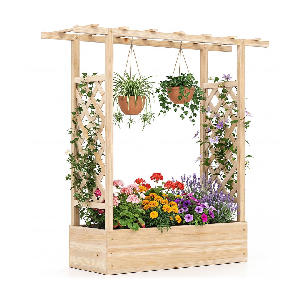 45 inch Tall Wooden Raised Garden Bed with Side Trellis and Hanging Roof - Cheeky Garden
