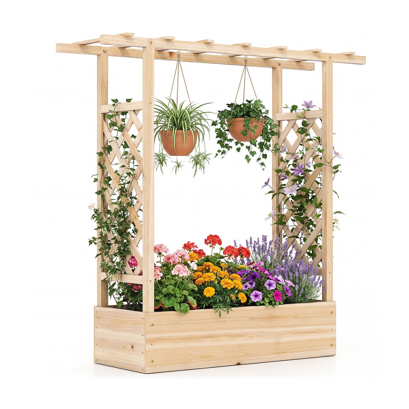 45 inch Tall Wooden Raised Garden Bed with Side Trellis and Hanging Roof - Cheeky Garden
