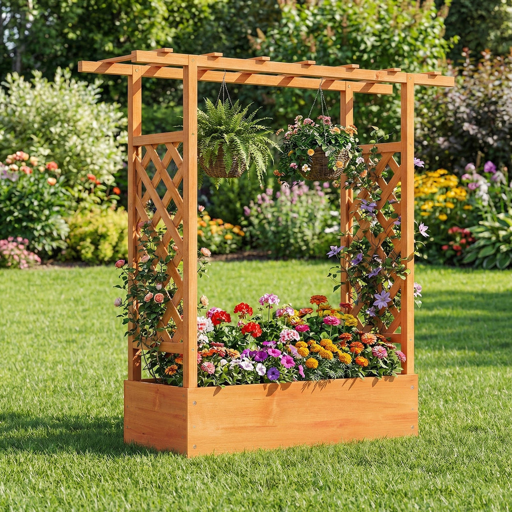 45 inch Tall Wooden Raised Garden Bed with Side Trellis and Hanging Roof - Cheeky Garden