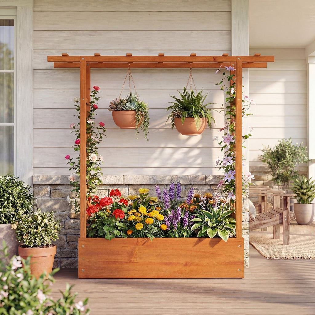 45 inch Tall Wooden Raised Garden Bed with Side Trellis and Hanging Roof - Cheeky Garden