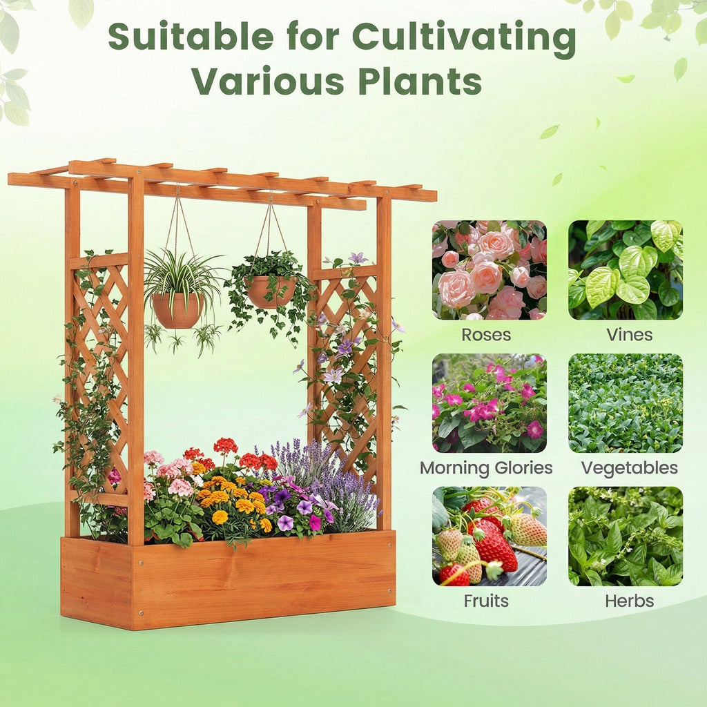 45 inch Tall Wooden Raised Garden Bed with Side Trellis and Hanging Roof - Cheeky Garden