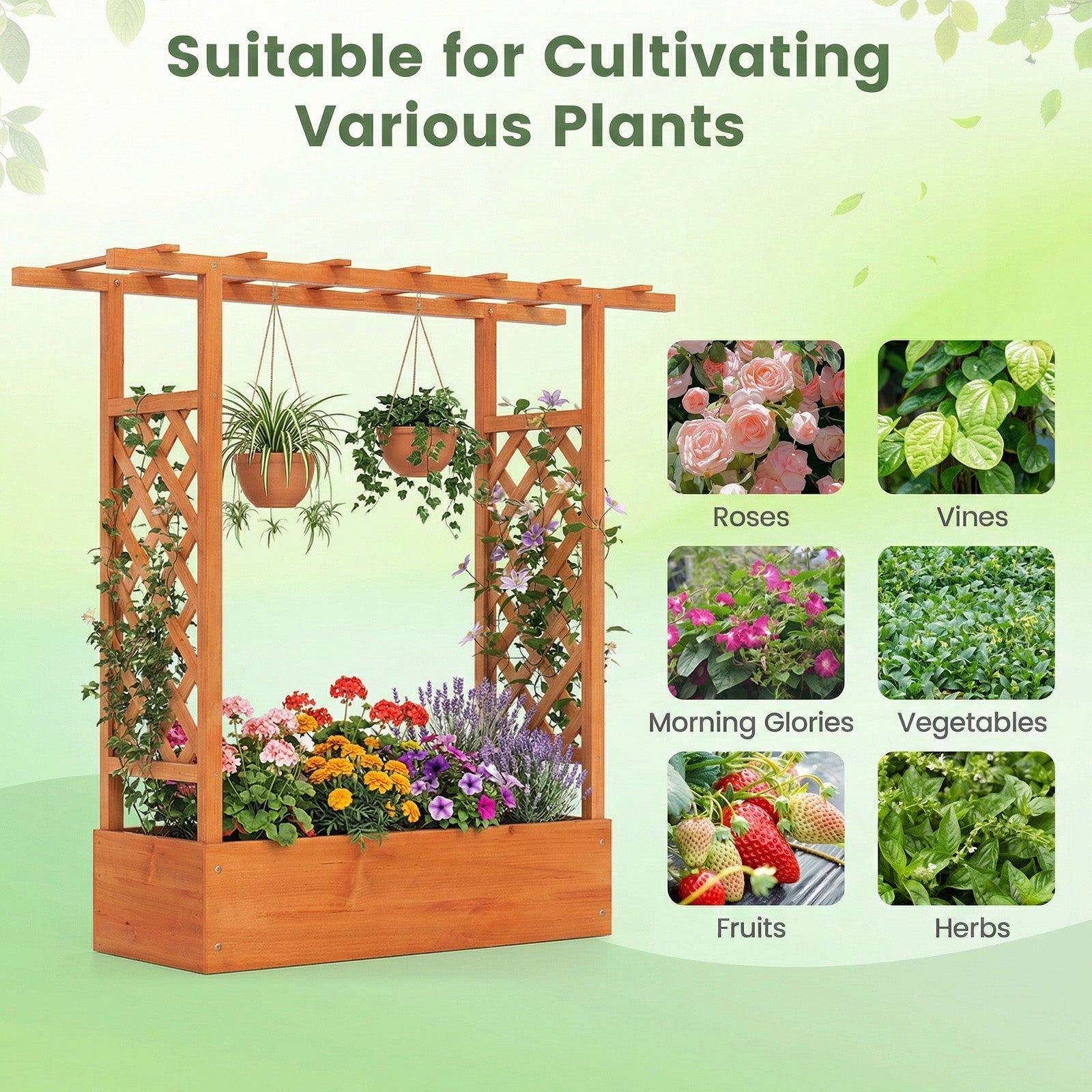 45 inch Tall Wooden Raised Garden Bed with Side Trellis and Hanging Roof - Cheeky Garden