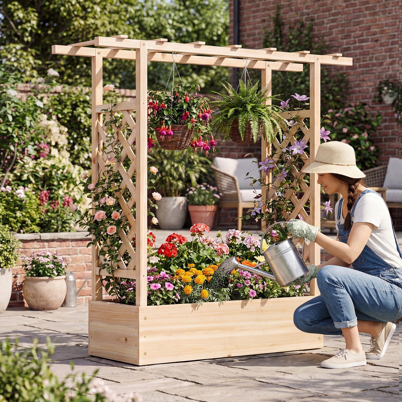 45 inch Tall Wooden Raised Garden Bed with Side Trellis and Hanging Roof - Cheeky Garden