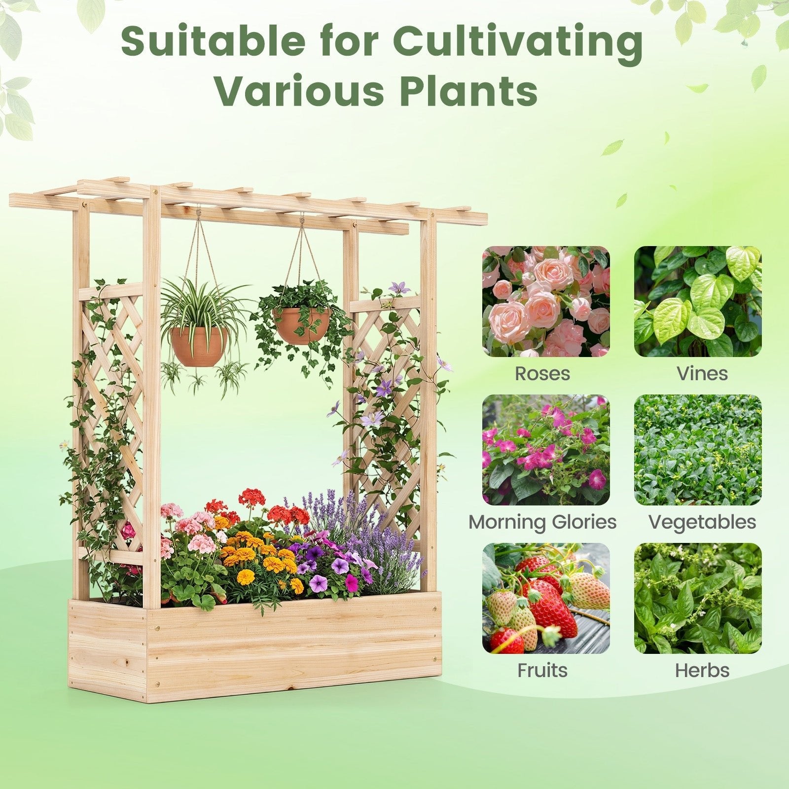 45 inch Tall Wooden Raised Garden Bed with Side Trellis and Hanging Roof - Cheeky Garden