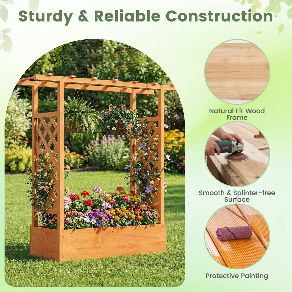 45 inch Tall Wooden Raised Garden Bed with Side Trellis and Hanging Roof - Cheeky Garden