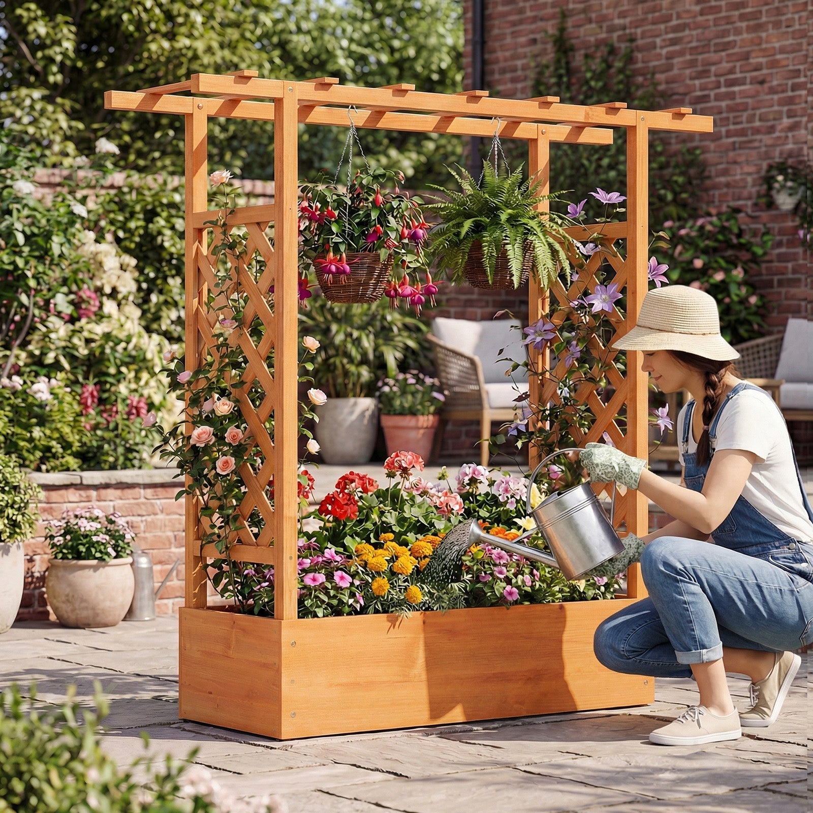 45 inch Tall Wooden Raised Garden Bed with Side Trellis and Hanging Roof - Cheeky Garden