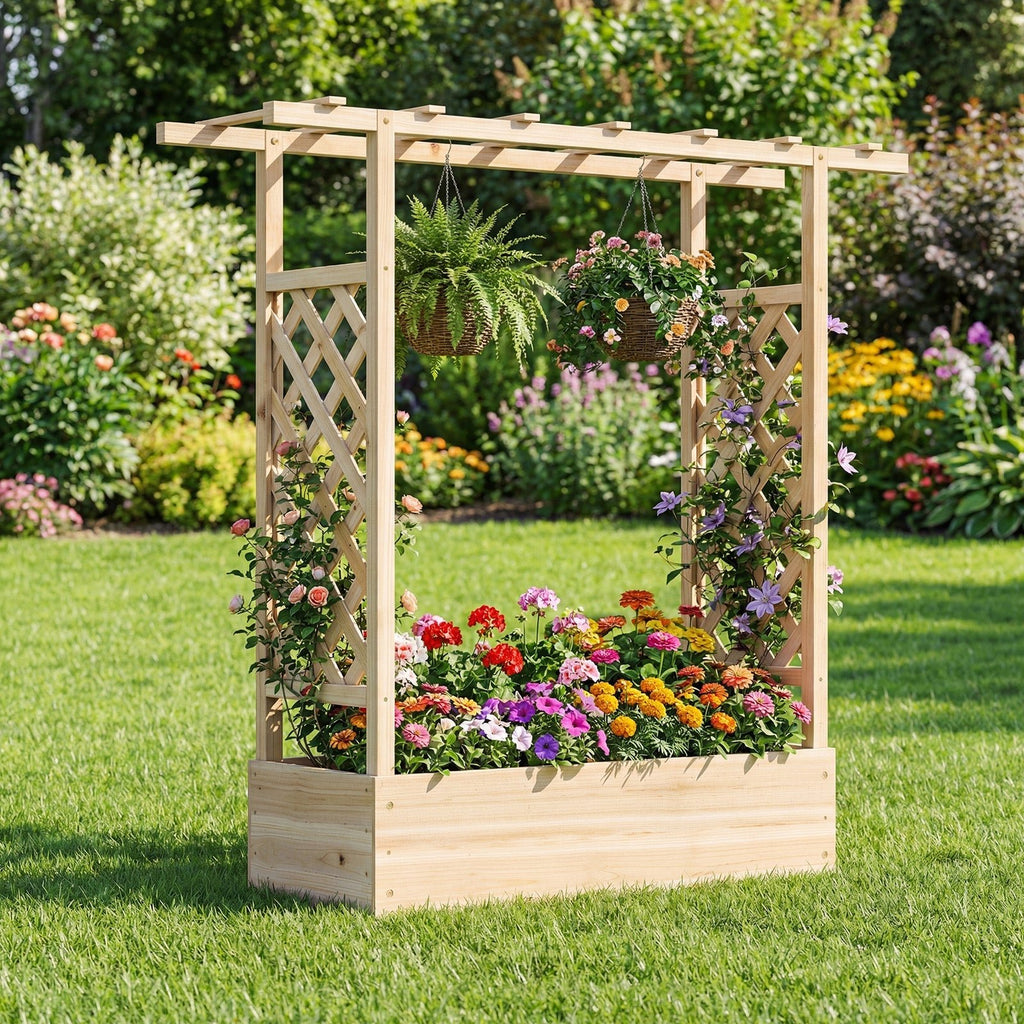45 inch Tall Wooden Raised Garden Bed with Side Trellis and Hanging Roof - Cheeky Garden