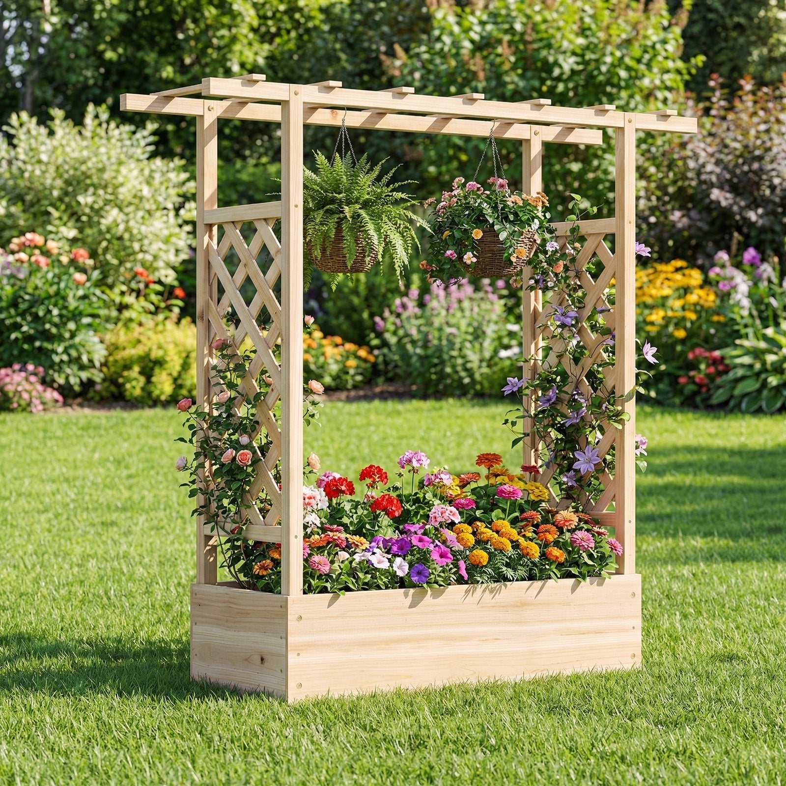 45 inch Tall Wooden Raised Garden Bed with Side Trellis and Hanging Roof - Cheeky Garden
