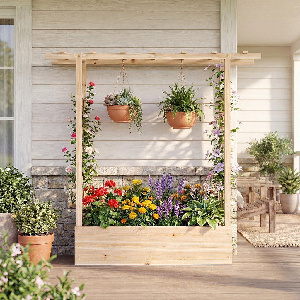 45 inch Tall Wooden Raised Garden Bed with Side Trellis and Hanging Roof - Cheeky Garden