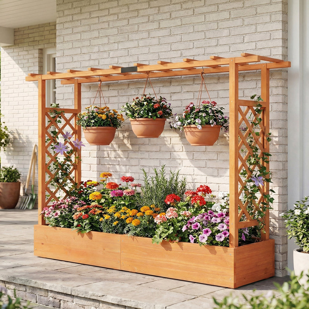 45 Inch Tall Wooden Raised Garden Bed with Side Trellis and Hanging Roof Drainage Holes - Cheeky Garden