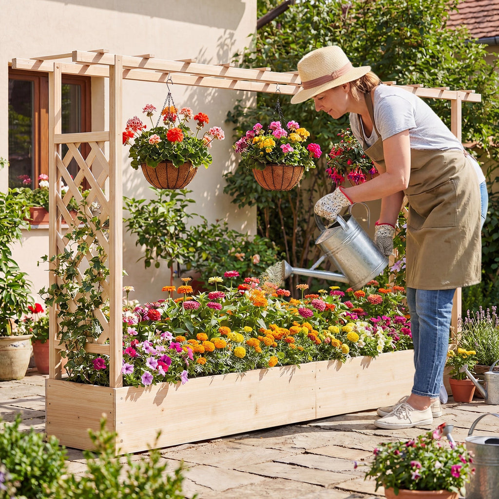 45 Inch Tall Wooden Raised Garden Bed with Side Trellis and Hanging Roof Drainage Holes - Cheeky Garden