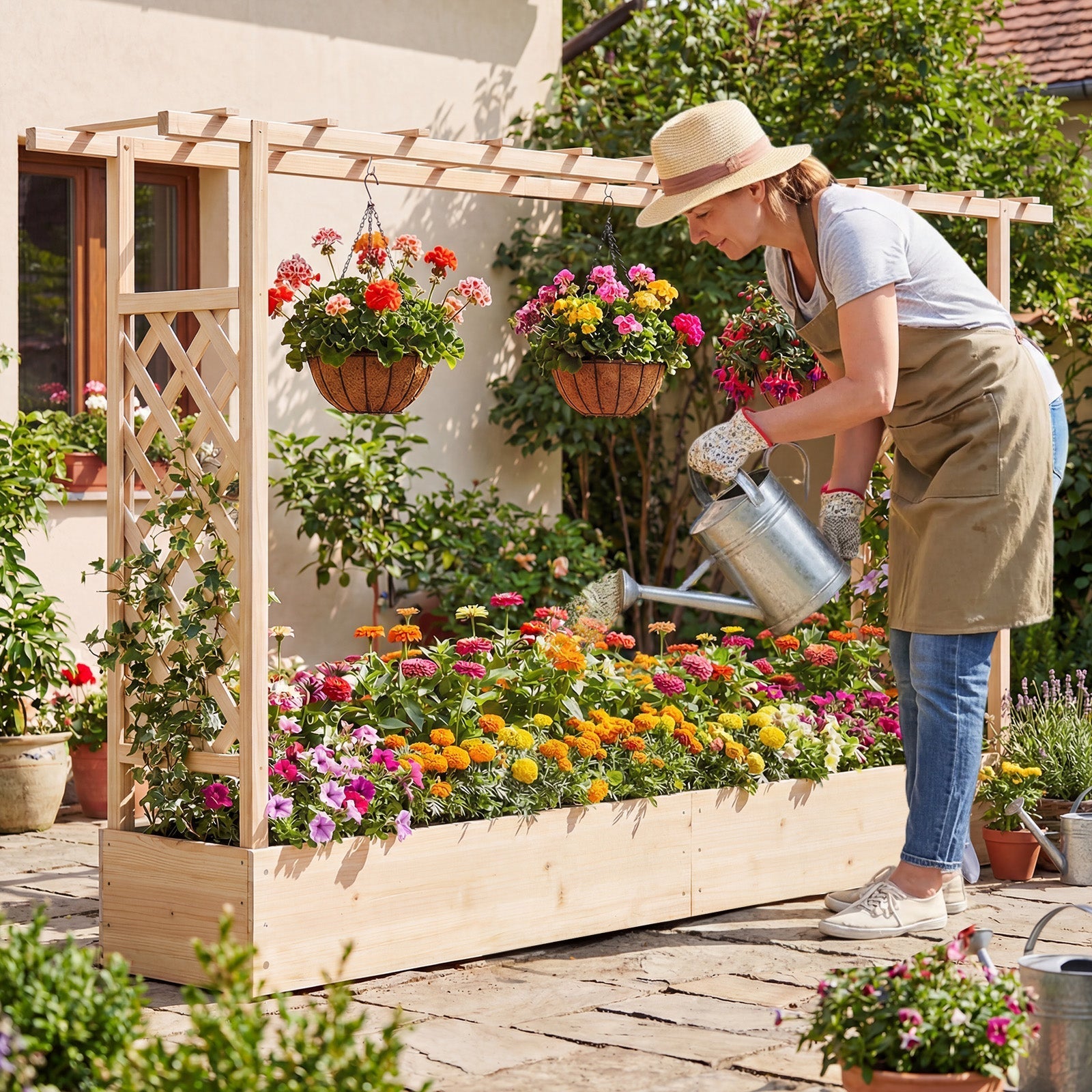 45 Inch Tall Wooden Raised Garden Bed with Side Trellis and Hanging Roof Drainage Holes - Cheeky Garden