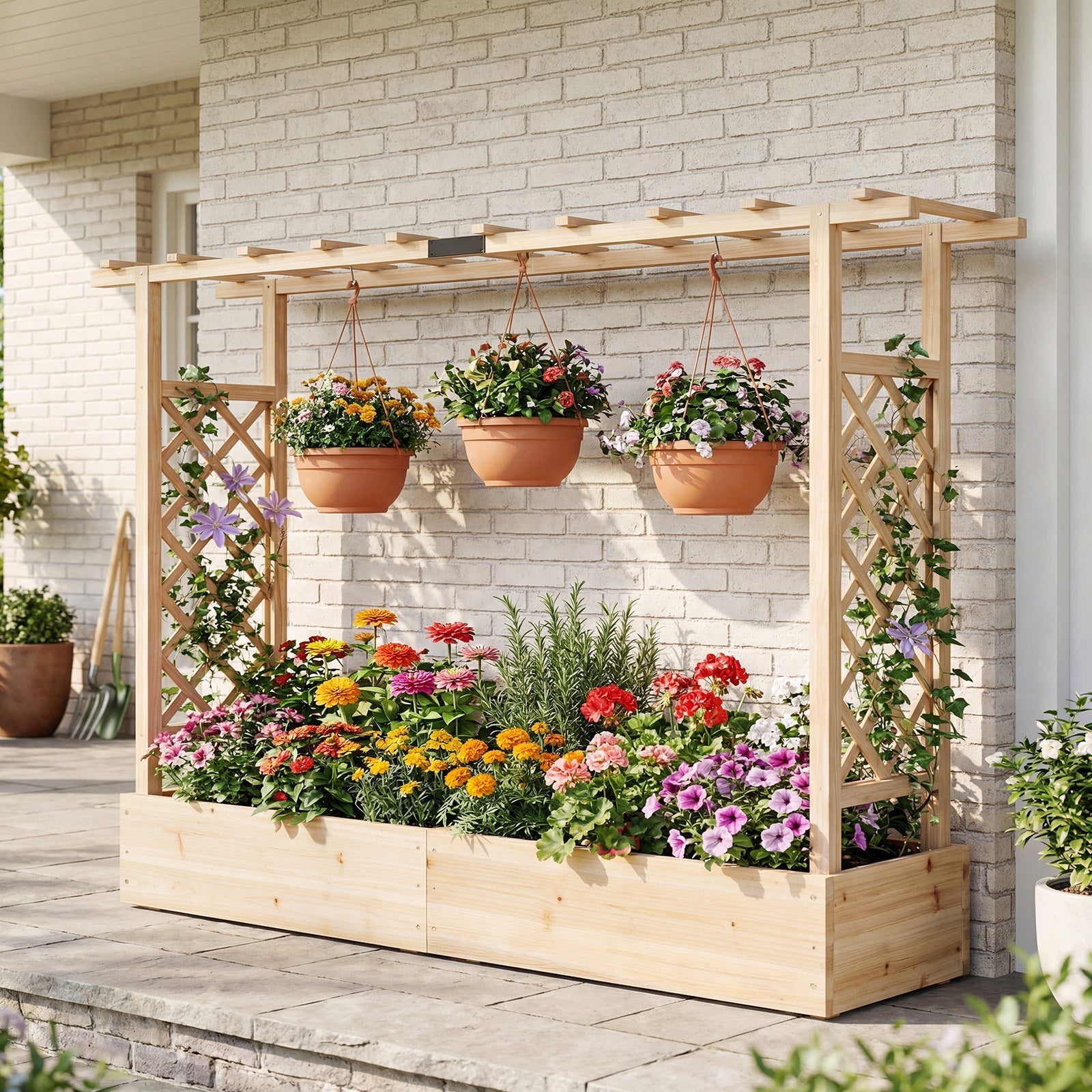 45 Inch Tall Wooden Raised Garden Bed with Side Trellis and Hanging Roof Drainage Holes - Cheeky Garden