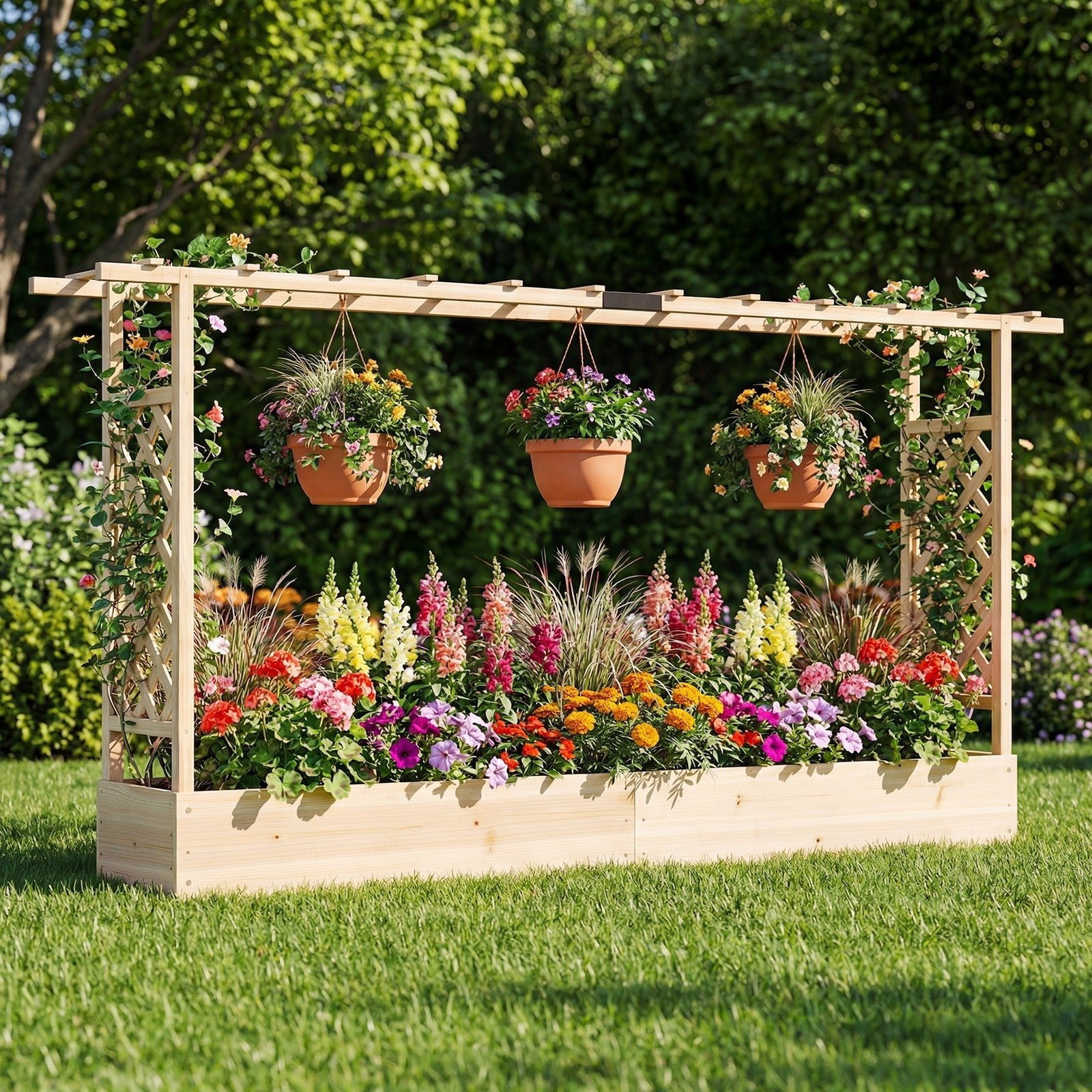 45 Inch Tall Wooden Raised Garden Bed with Side Trellis and Hanging Roof Drainage Holes - Cheeky Garden
