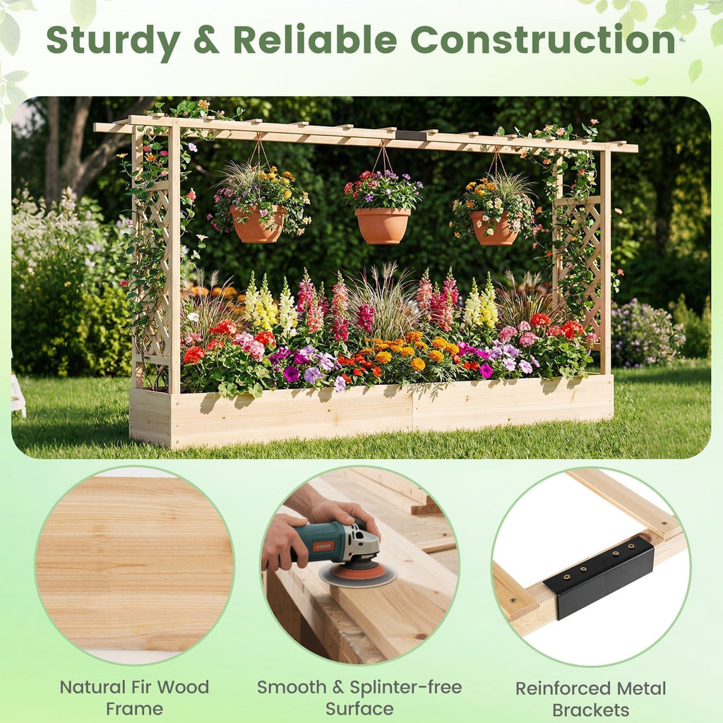45 Inch Tall Wooden Raised Garden Bed with Side Trellis and Hanging Roof Drainage Holes - Cheeky Garden