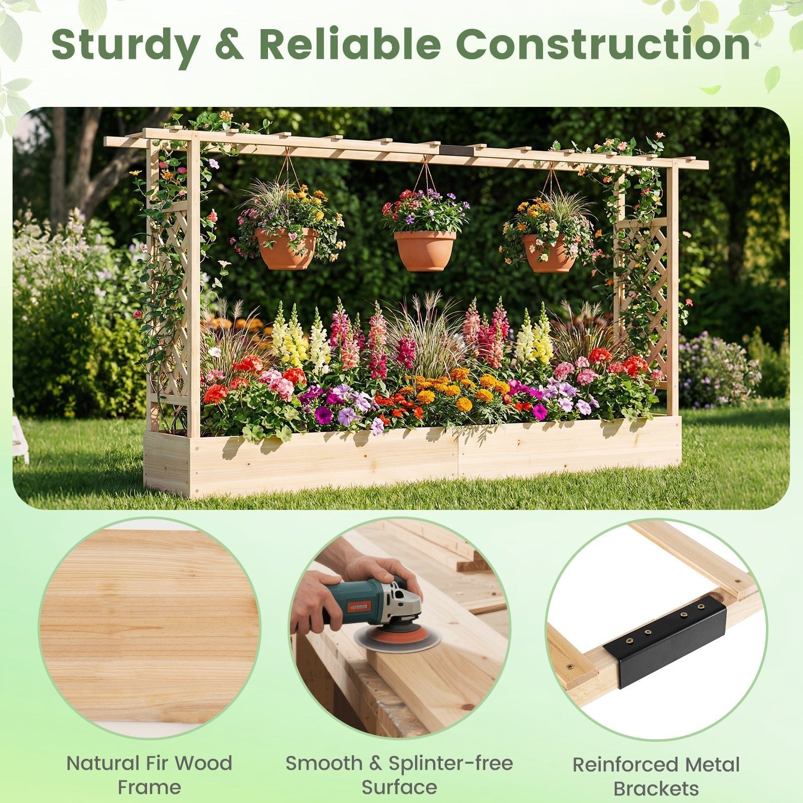 45 Inch Tall Wooden Raised Garden Bed with Side Trellis and Hanging Roof Drainage Holes - Cheeky Garden
