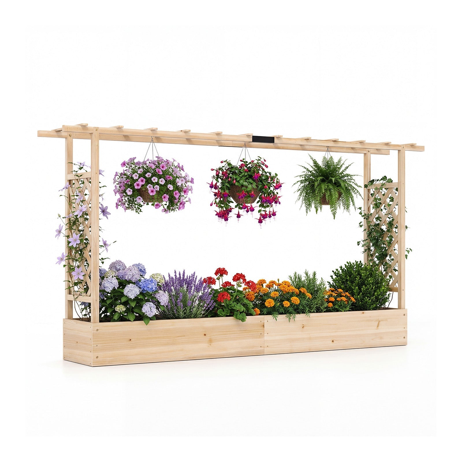 45 Inch Tall Wooden Raised Garden Bed with Side Trellis and Hanging Roof Drainage Holes - Cheeky Garden