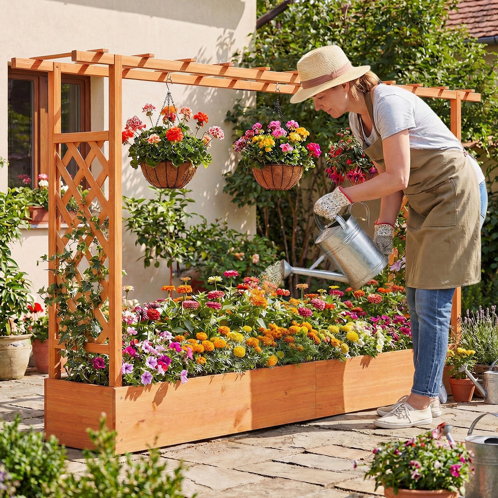 45 Inch Tall Wooden Raised Garden Bed with Side Trellis and Hanging Roof Drainage Holes - Cheeky Garden