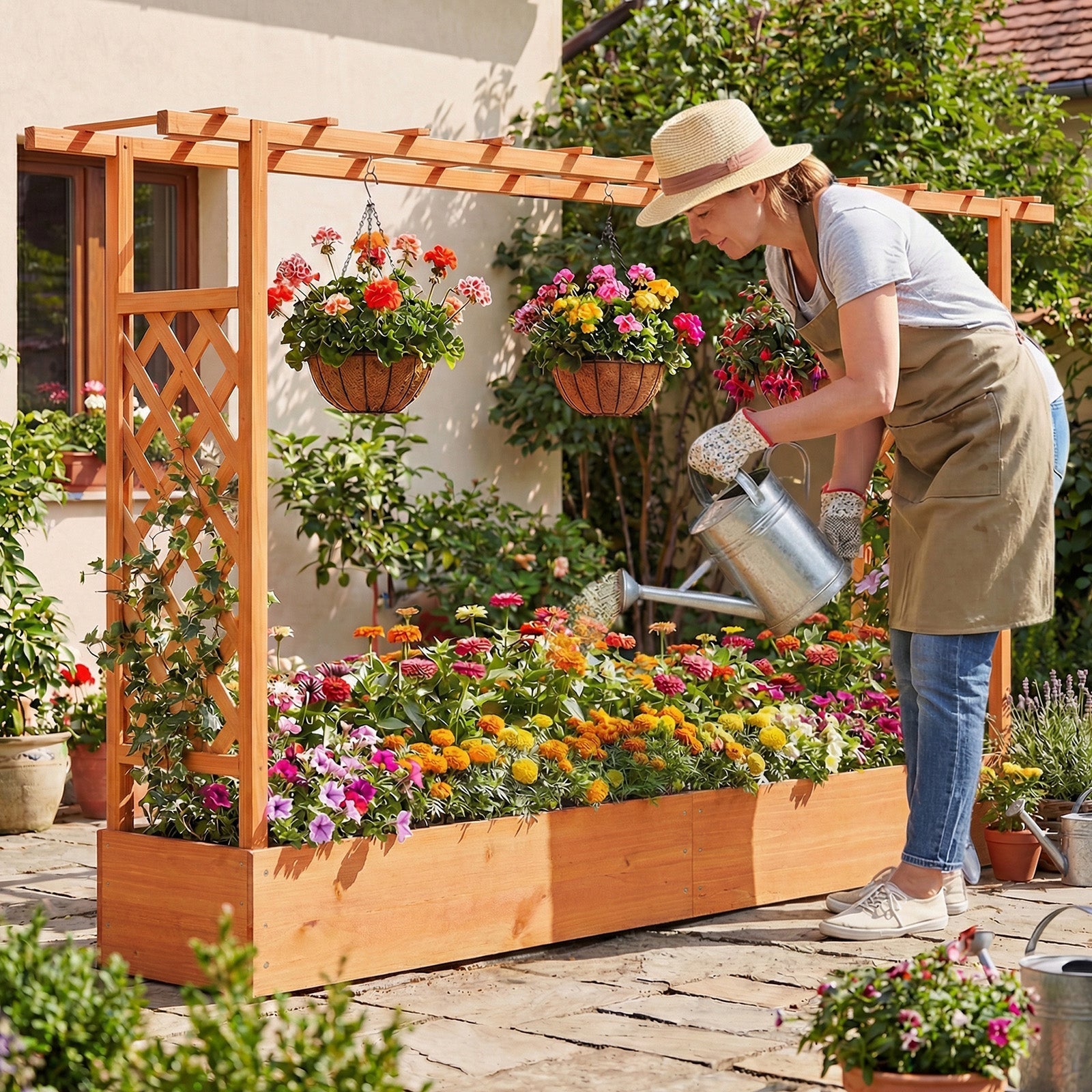 45 Inch Tall Wooden Raised Garden Bed with Side Trellis and Hanging Roof Drainage Holes - Cheeky Garden