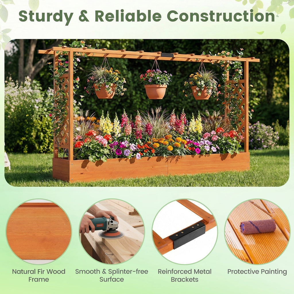 45 Inch Tall Wooden Raised Garden Bed with Side Trellis and Hanging Roof Drainage Holes - Cheeky Garden
