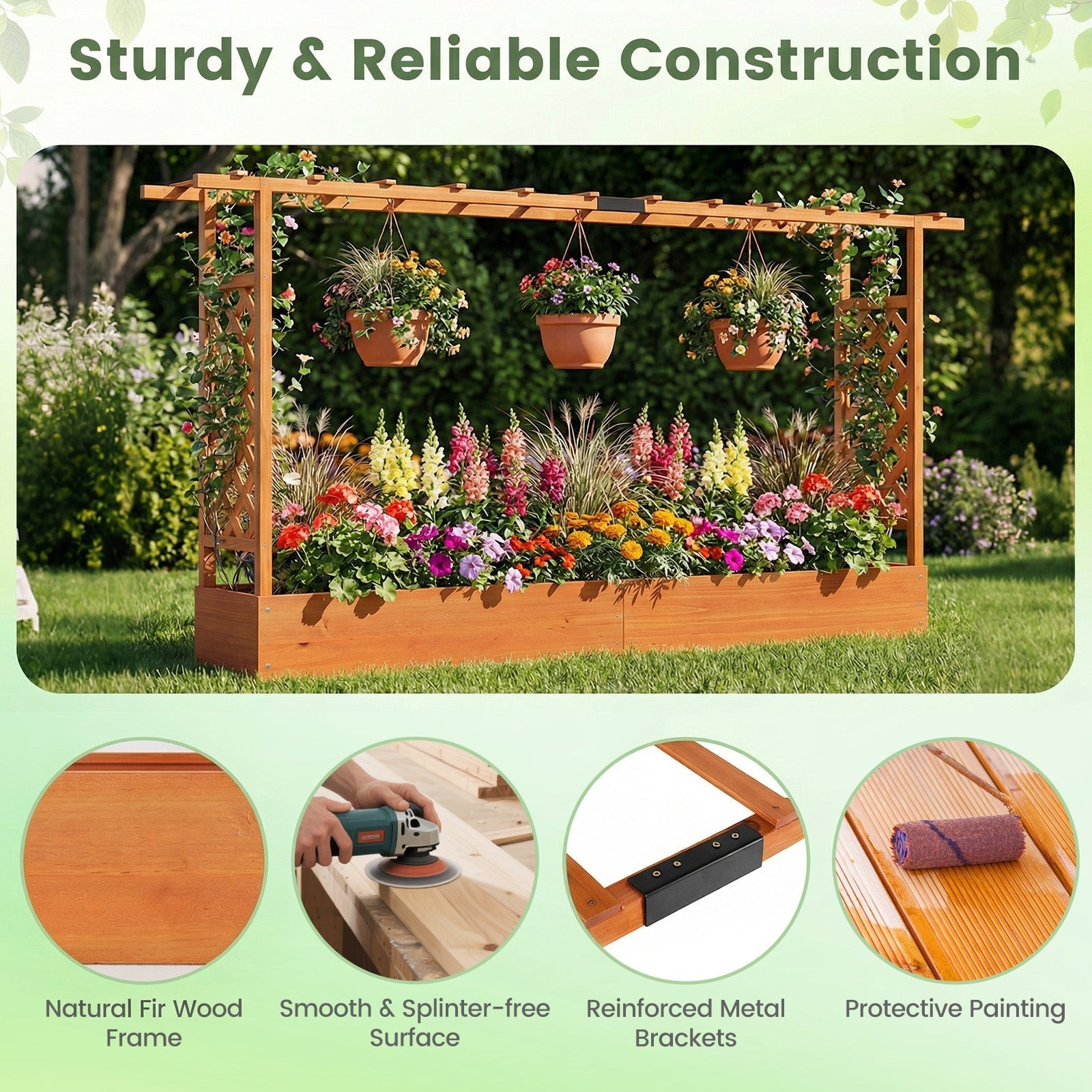 45 Inch Tall Wooden Raised Garden Bed with Side Trellis and Hanging Roof Drainage Holes - Cheeky Garden