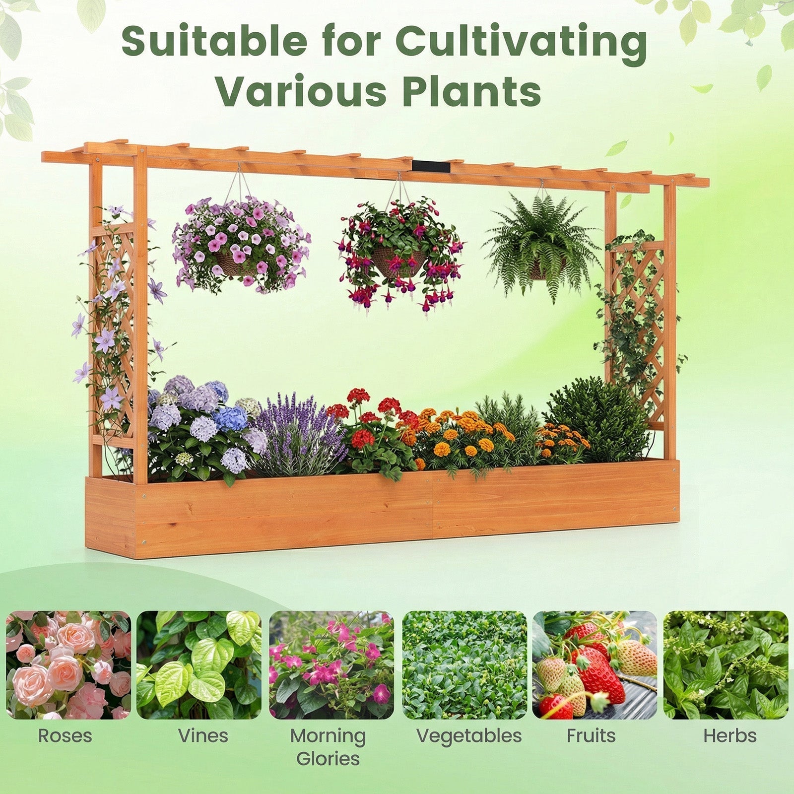 45 Inch Tall Wooden Raised Garden Bed with Side Trellis and Hanging Roof Drainage Holes - Cheeky Garden