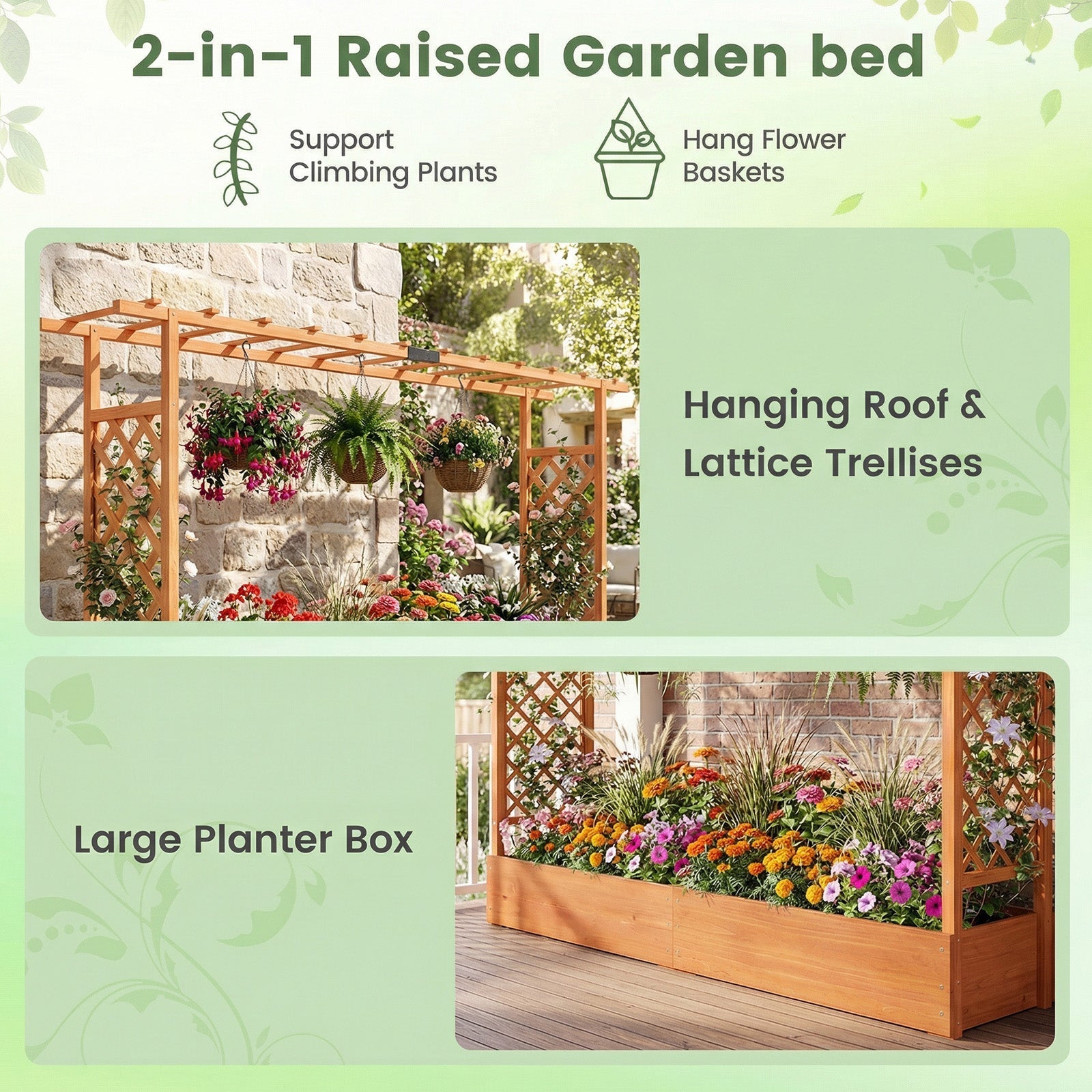45 Inch Tall Wooden Raised Garden Bed with Side Trellis and Hanging Roof Drainage Holes - Cheeky Garden