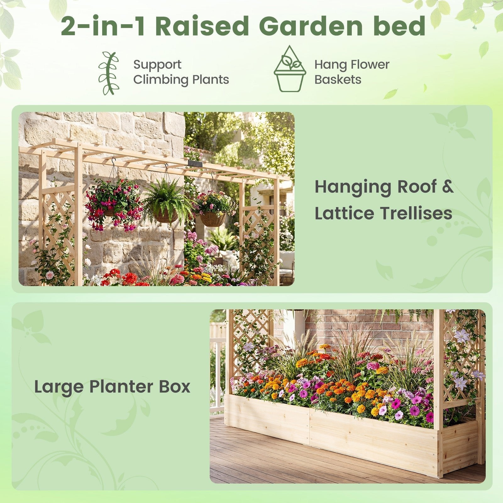 45 Inch Tall Wooden Raised Garden Bed with Side Trellis and Hanging Roof Drainage Holes - Cheeky Garden