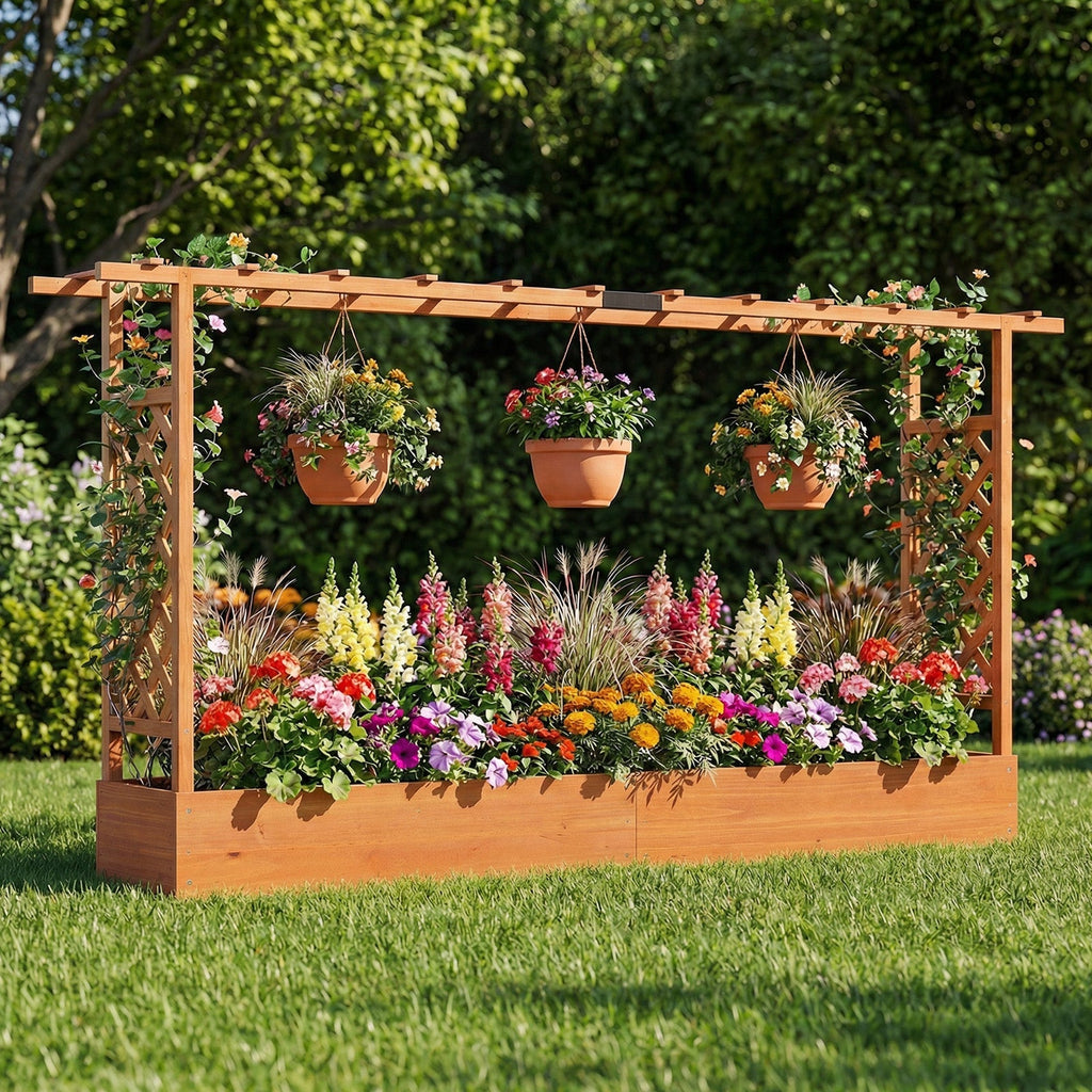 45 Inch Tall Wooden Raised Garden Bed with Side Trellis and Hanging Roof Drainage Holes - Cheeky Garden