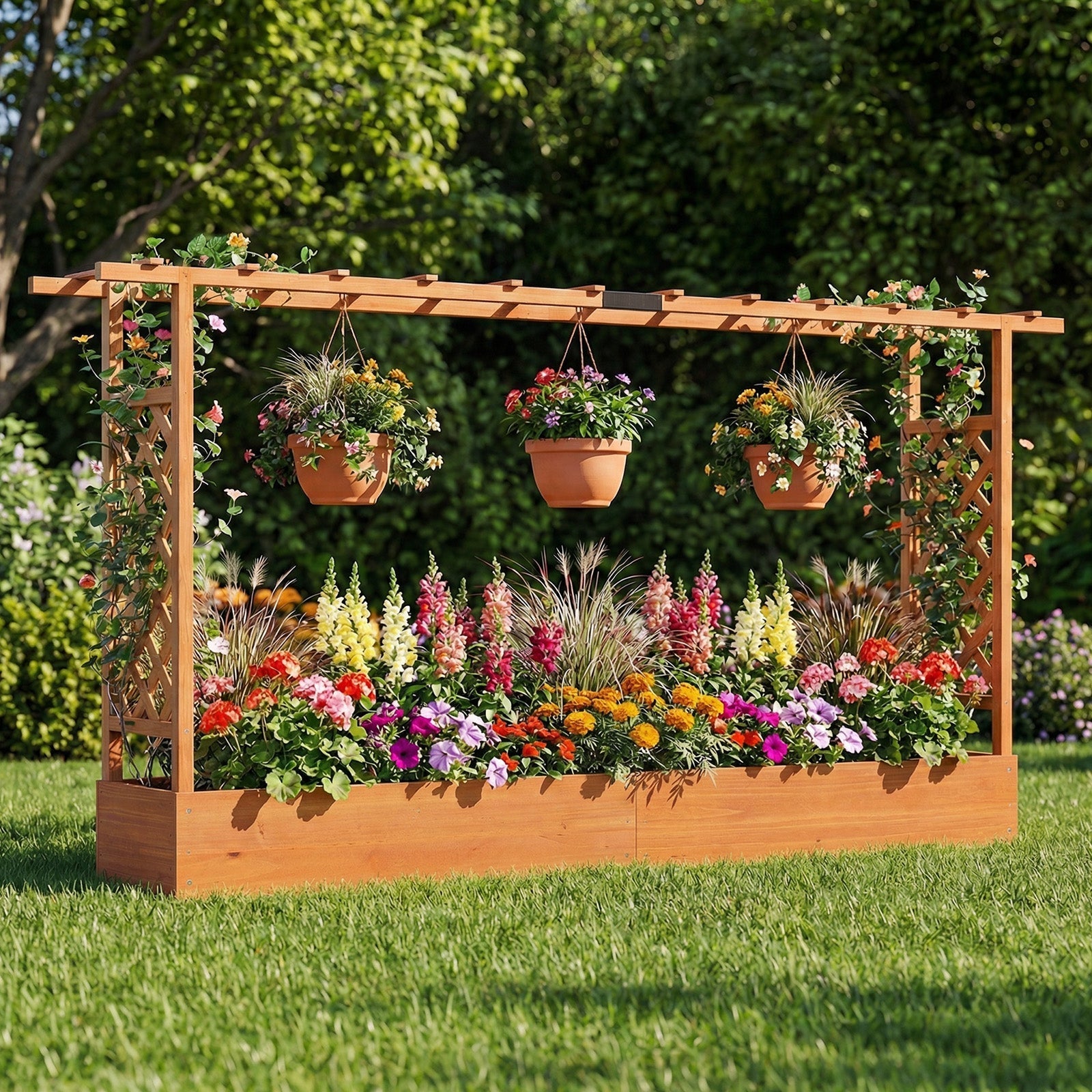 45 Inch Tall Wooden Raised Garden Bed with Side Trellis and Hanging Roof Drainage Holes - Cheeky Garden