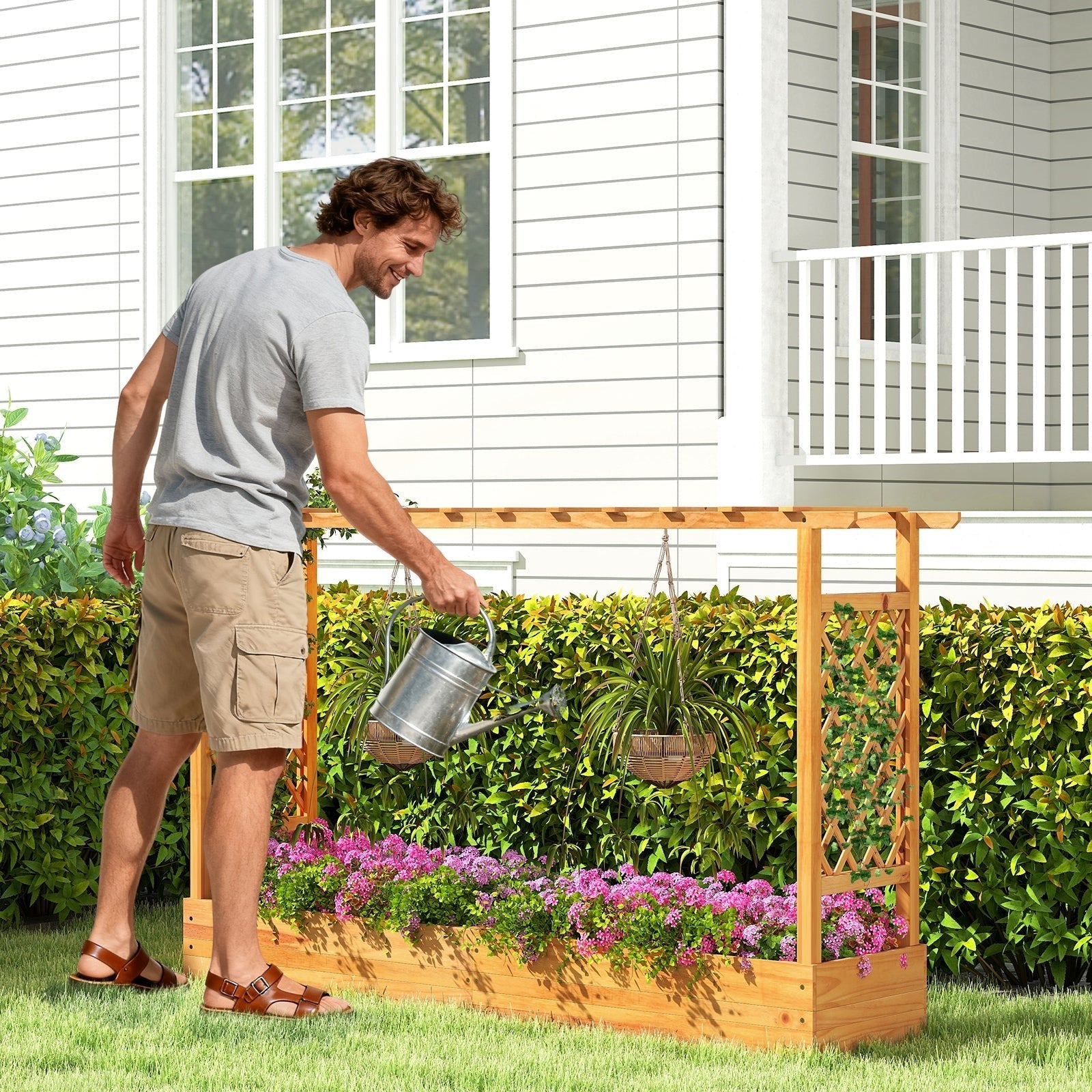45 Inch Wooden Raised Garden Bed with Lattice Trellis for Outdoor-Natural - Cheeky Garden