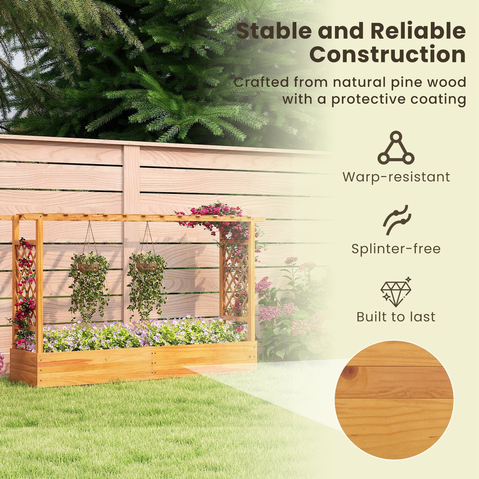 45 Inch Wooden Raised Garden Bed with Lattice Trellis for Outdoor-Natural - Cheeky Garden