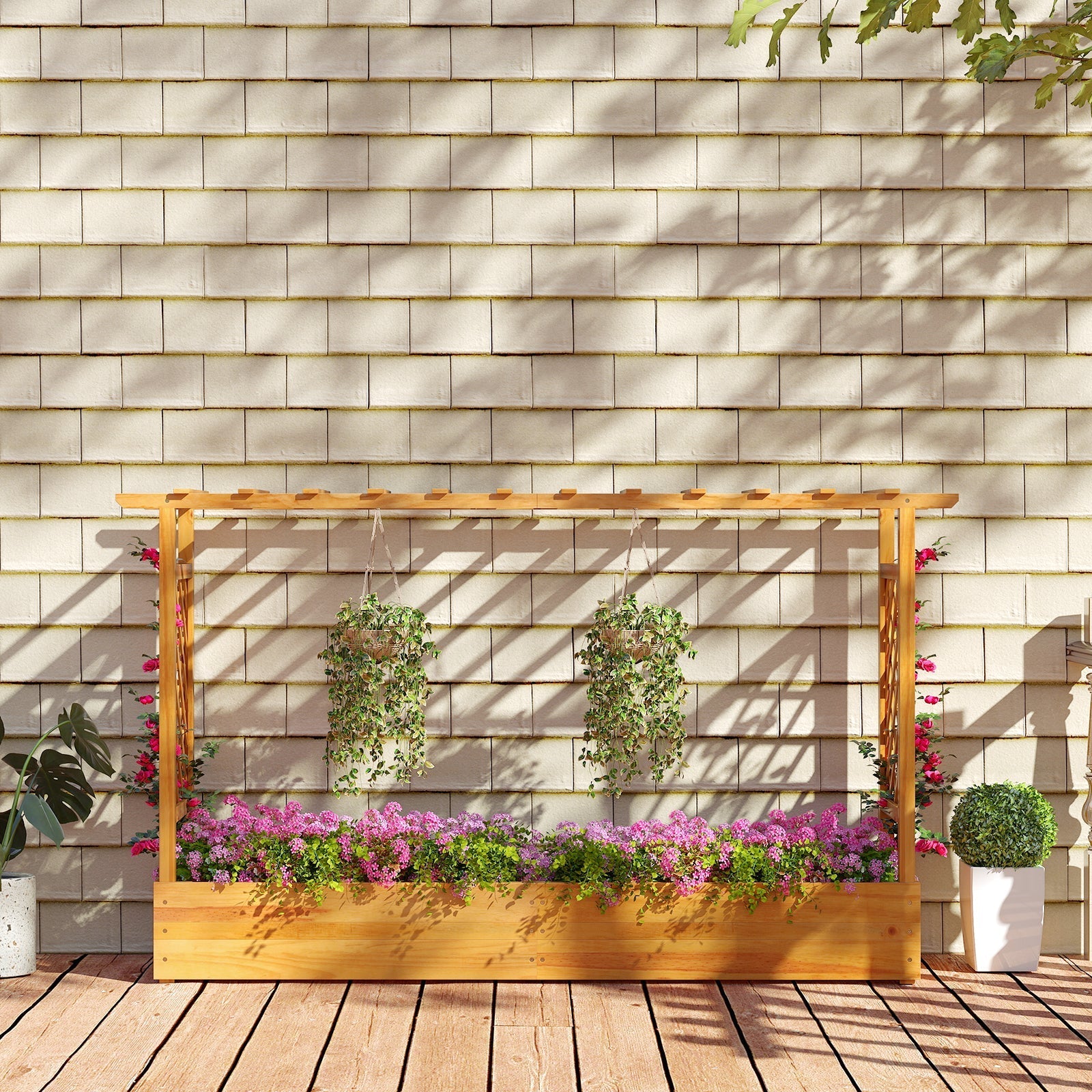 45 Inch Wooden Raised Garden Bed with Lattice Trellis for Outdoor-Natural - Cheeky Garden