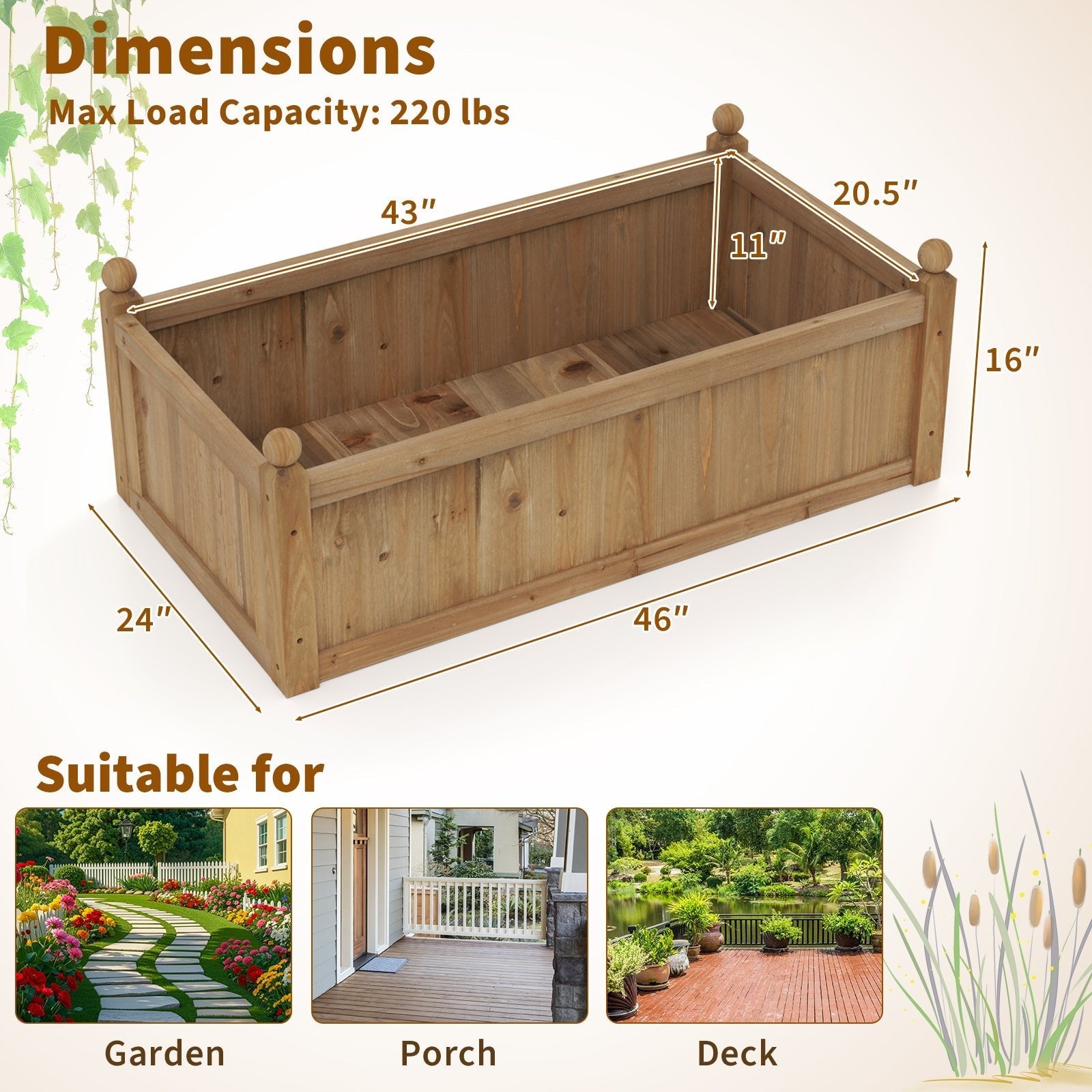 46 x 24 x 16 Inch Rectangular Planter Box with Drainage Holes for Backyard Garden Lawn-Brown - Cheeky Garden