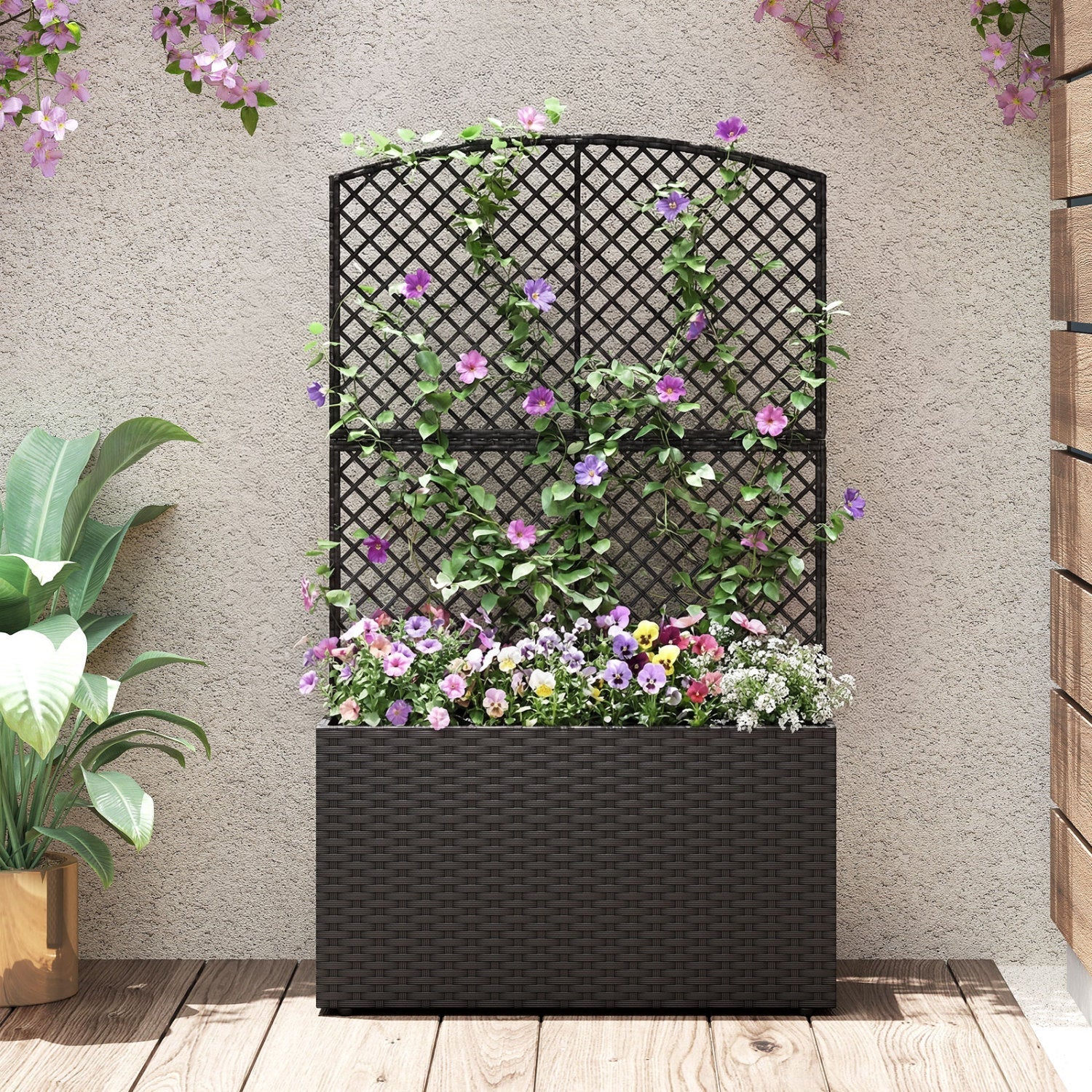 49 Inch Raised Garden Bed with Trellis and Wicker Planter Box - Cheeky Garden