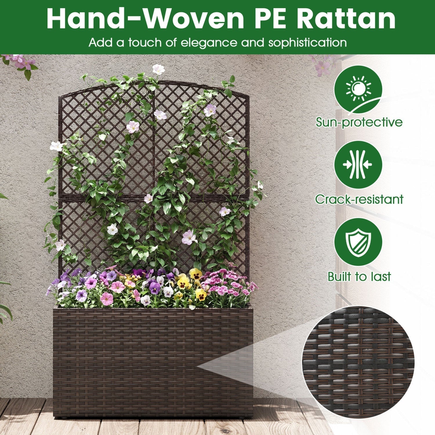 49 Inch Raised Garden Bed with Trellis and Wicker Planter Box - Cheeky Garden