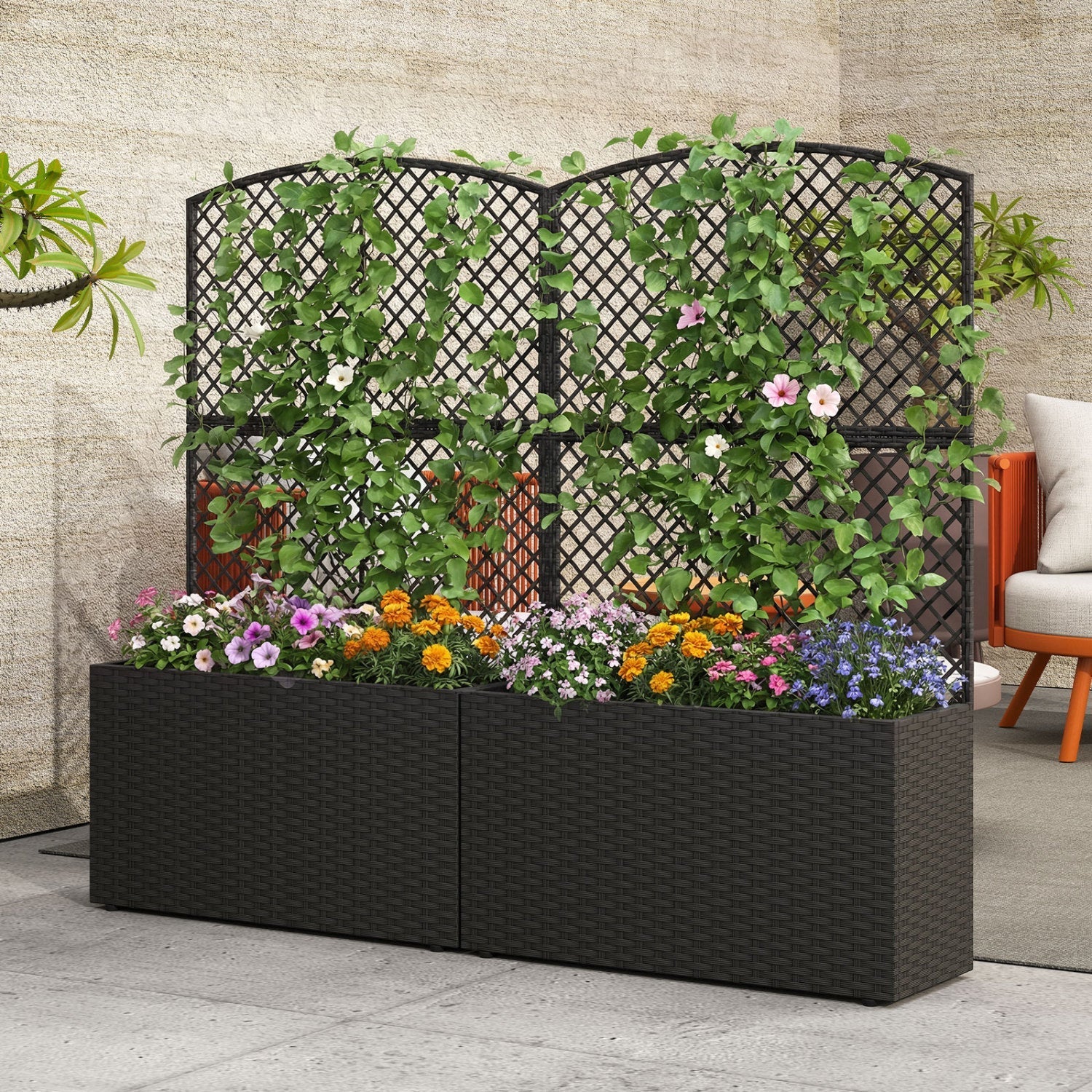 49 Inch Raised Garden Bed with Trellis and Wicker Planter Box - Cheeky Garden