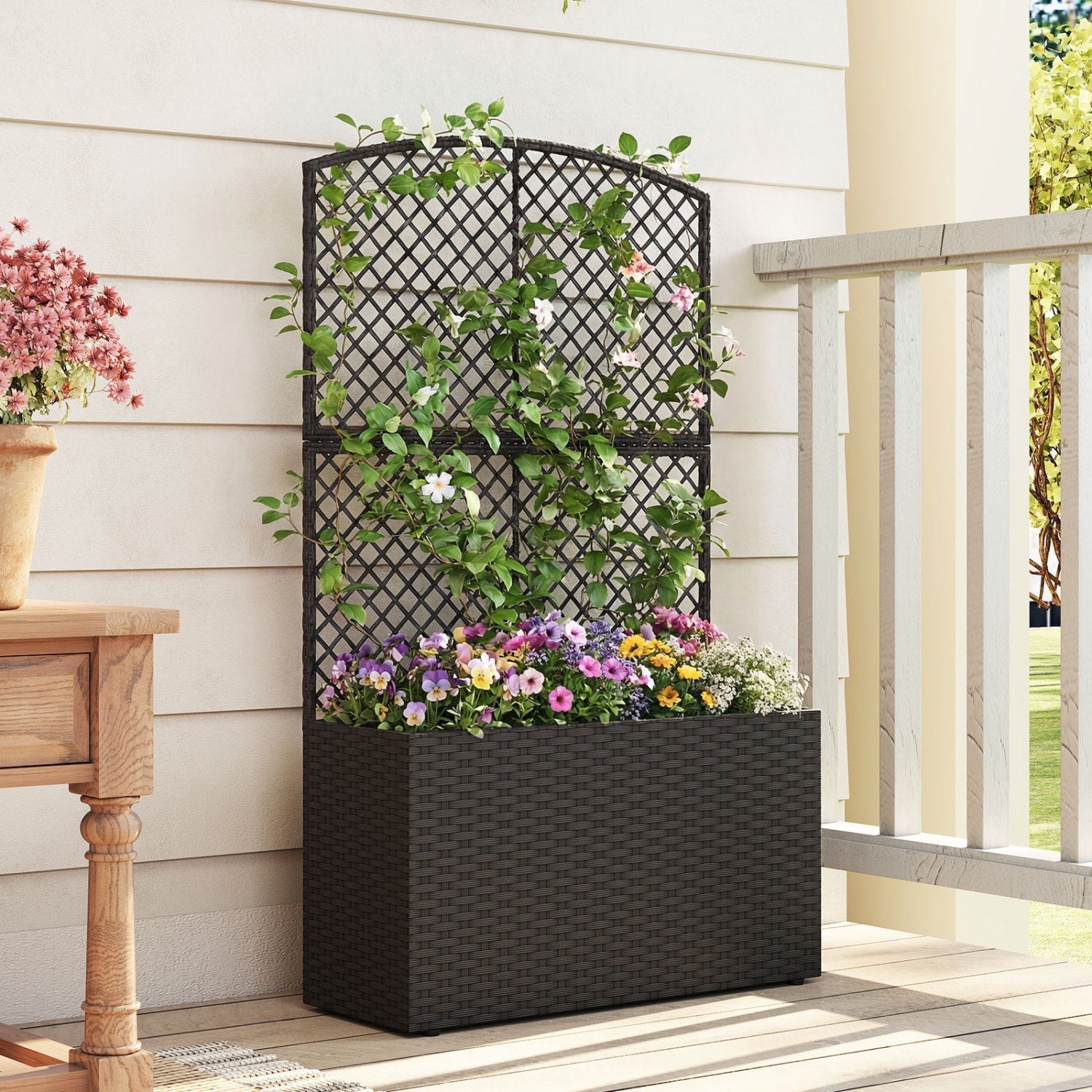 49 Inch Raised Garden Bed with Trellis and Wicker Planter Box - Cheeky Garden