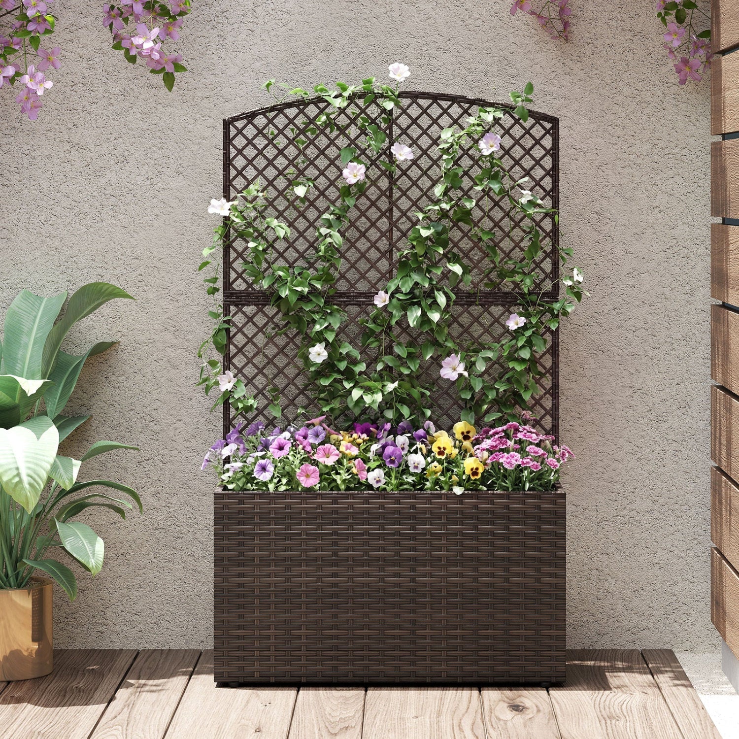 49 Inch Raised Garden Bed with Trellis and Wicker Planter Box - Cheeky Garden
