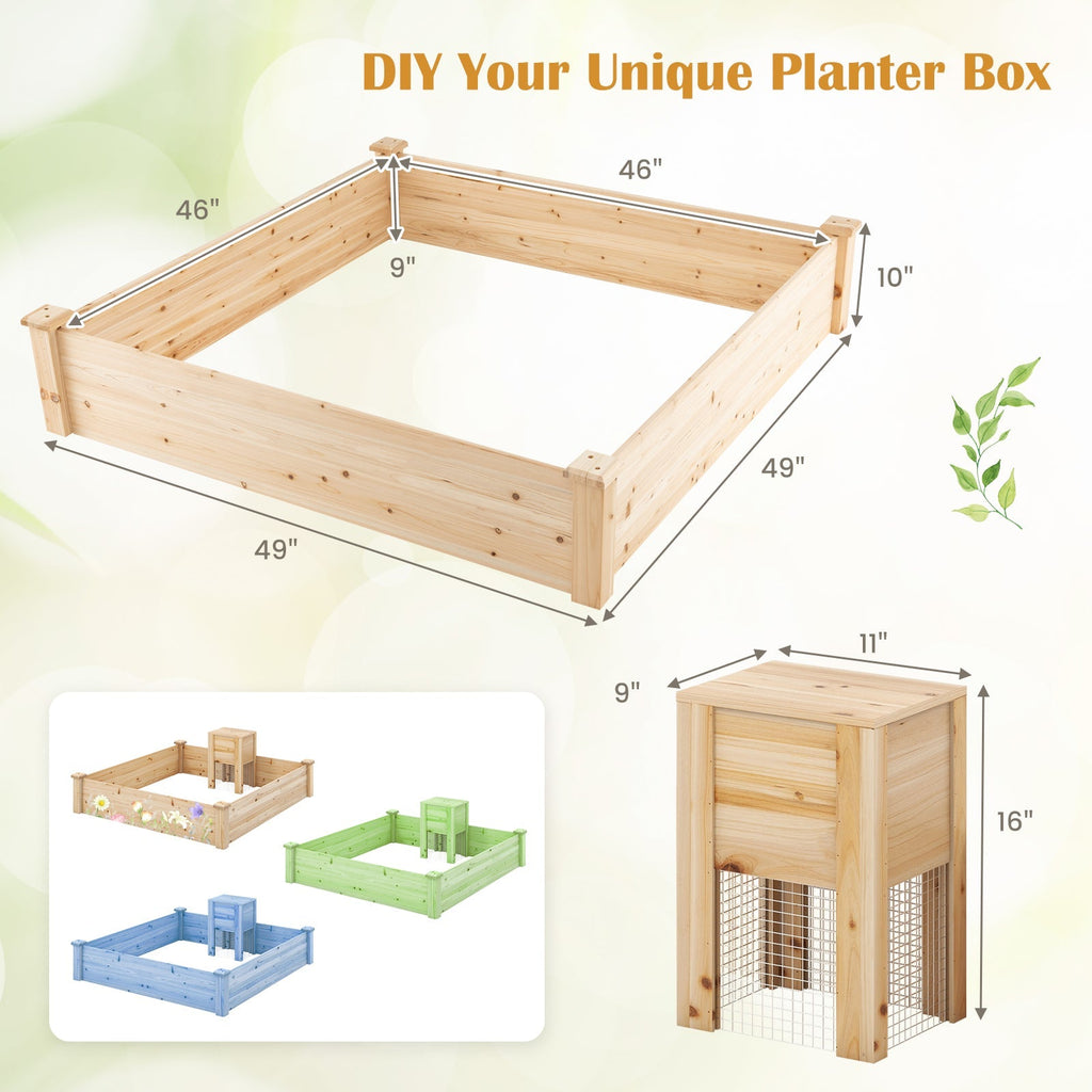 49 x 49 x 10 Inch Raised Garden Bed with Compost Bin and Open-ended Bottom-Natural - Cheeky Garden