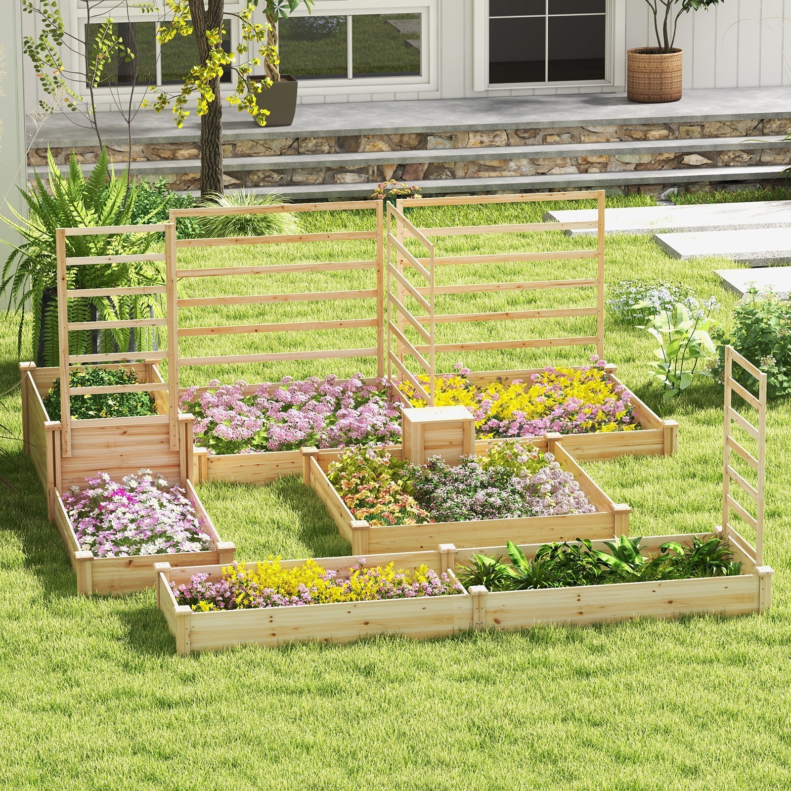 49 x 49 x 10 Inch Raised Garden Bed with Compost Bin and Open-ended Bottom-Natural - Cheeky Garden