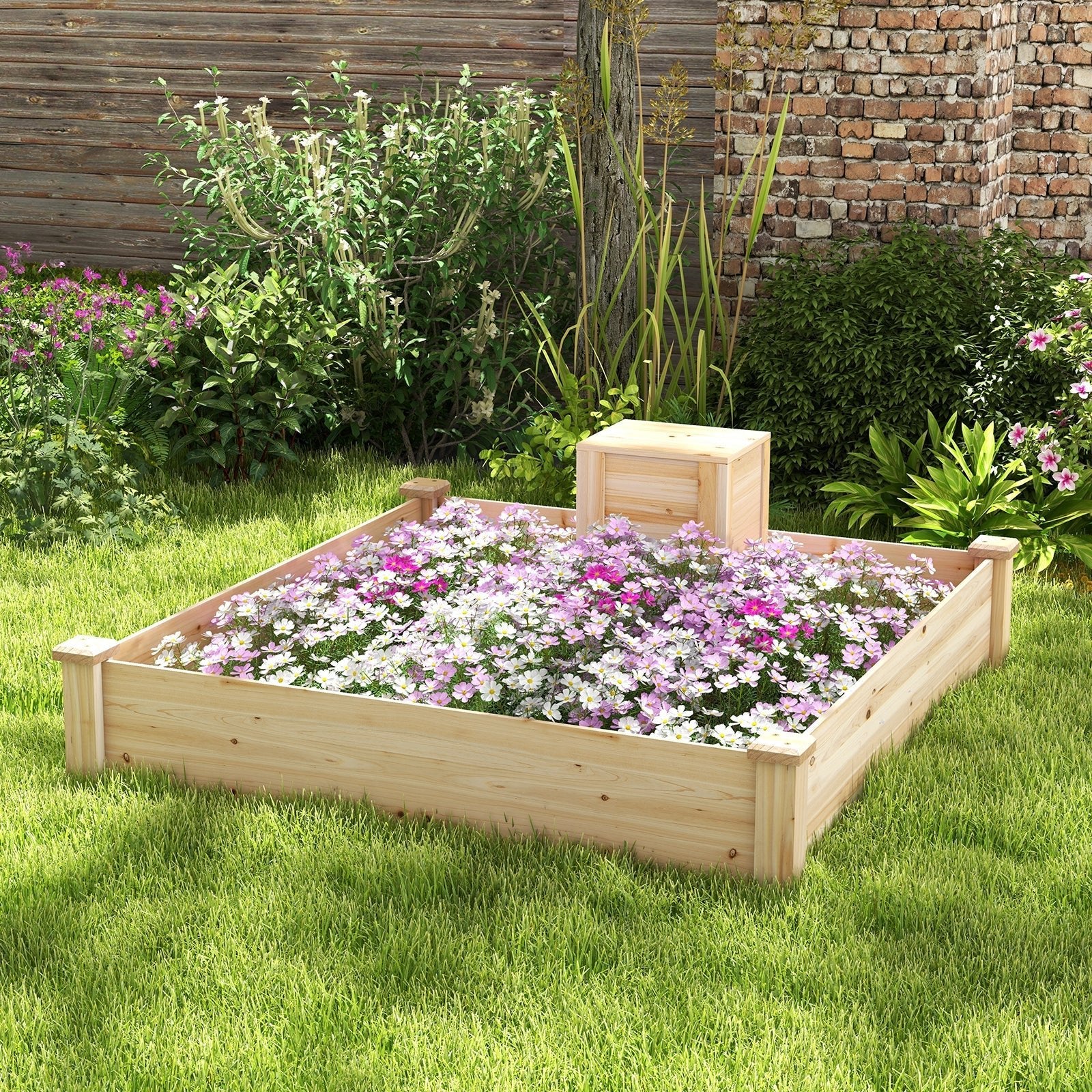 49 x 49 x 10 Inch Raised Garden Bed with Compost Bin and Open-ended Bottom-Natural - Cheeky Garden