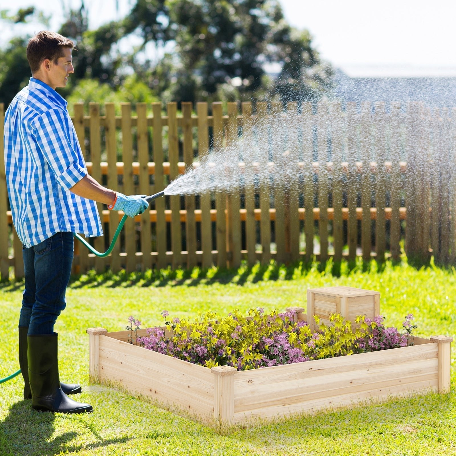 49 x 49 x 10 Inch Raised Garden Bed with Compost Bin and Open-ended Bottom-Natural - Cheeky Garden