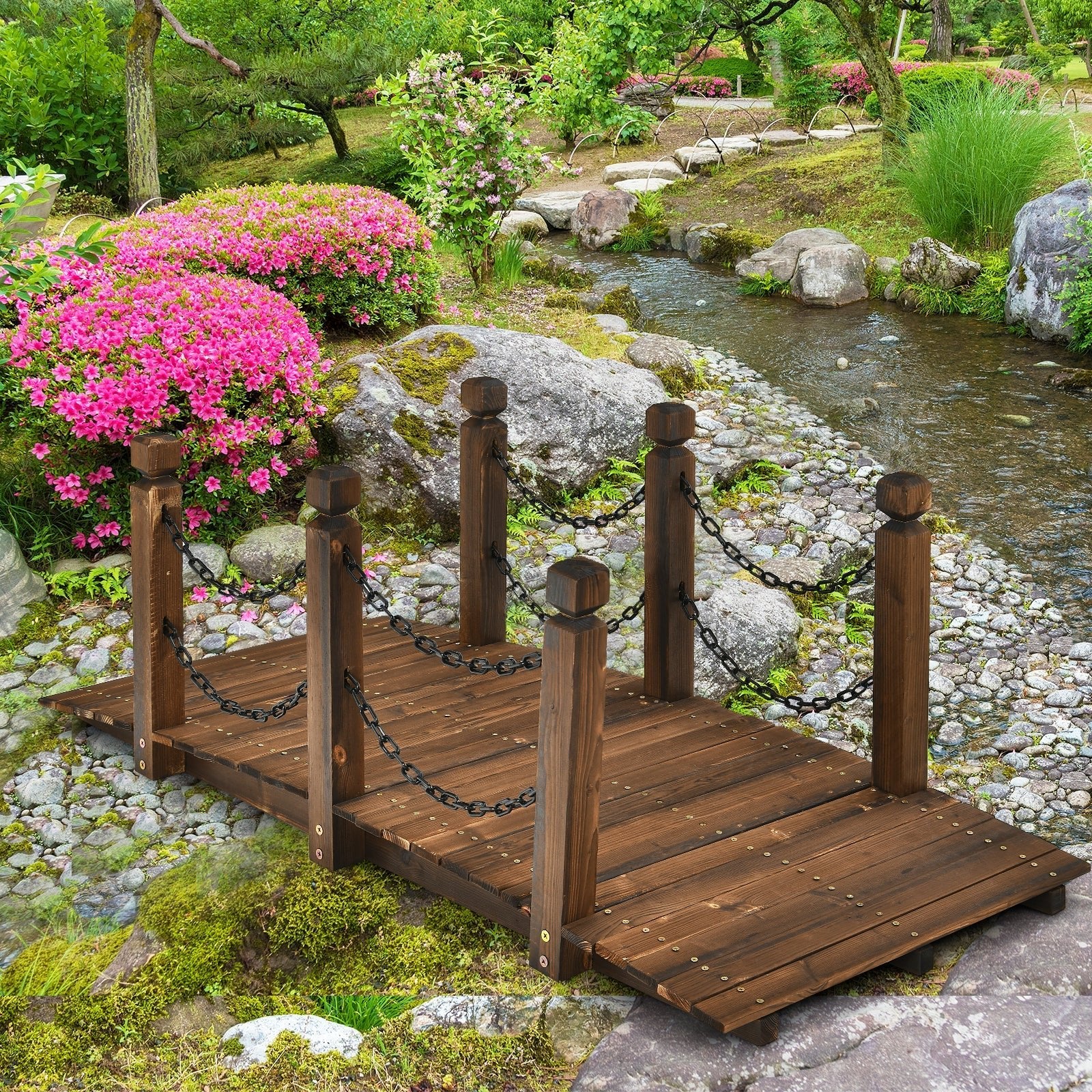 5 Feet Wooden Garden Bridge Arc Footbridge Stained Finish Walkway with Safety Rails - Cheeky Garden