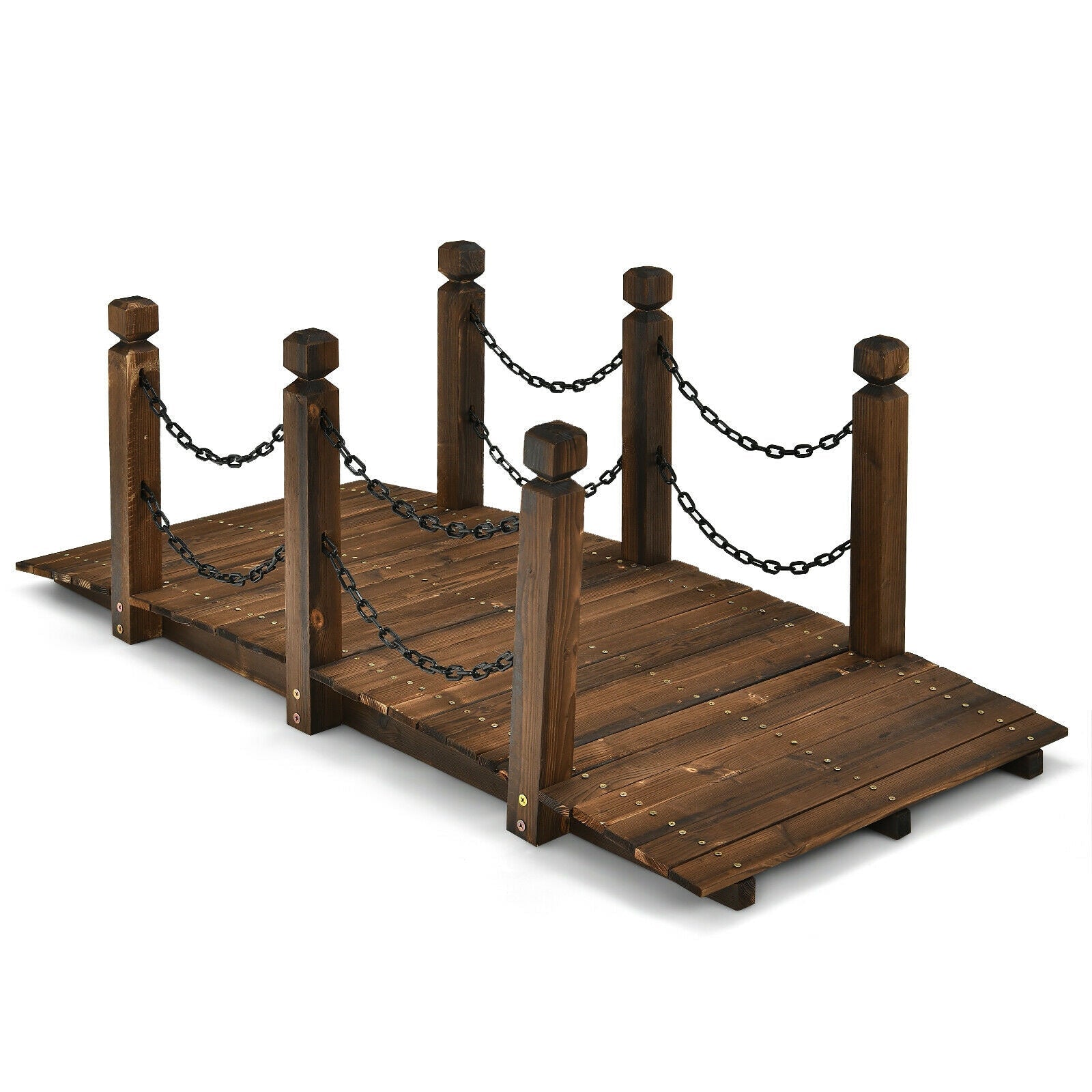 5 Feet Wooden Garden Bridge Arc Footbridge Stained Finish Walkway with Safety Rails - Cheeky Garden