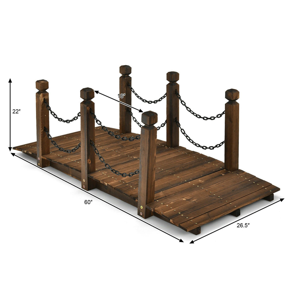 5 Feet Wooden Garden Bridge Arc Footbridge Stained Finish Walkway with Safety Rails - Cheeky Garden