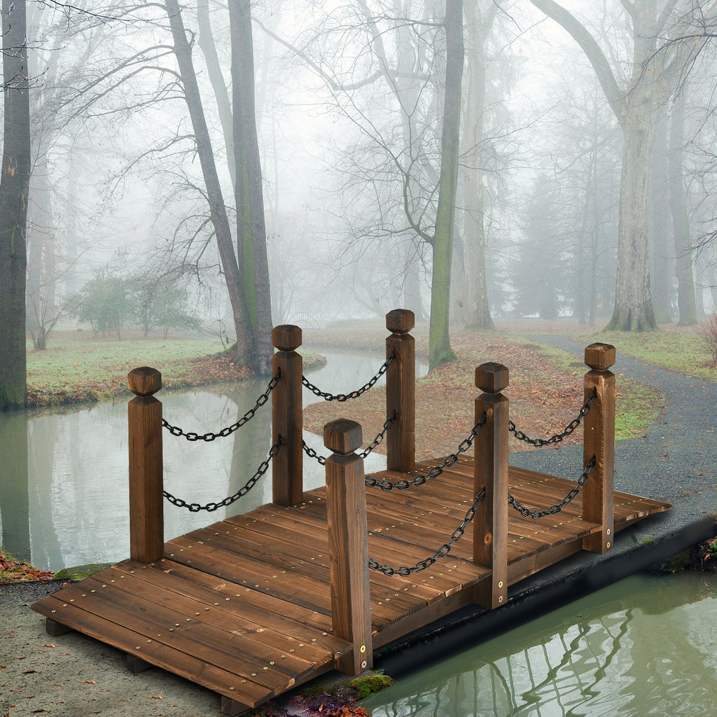 5 Feet Wooden Garden Bridge Arc Footbridge Stained Finish Walkway with Safety Rails - Cheeky Garden