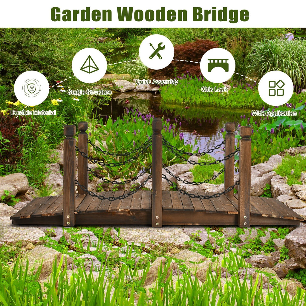 5 Feet Wooden Garden Bridge Arc Footbridge Stained Finish Walkway with Safety Rails - Cheeky Garden