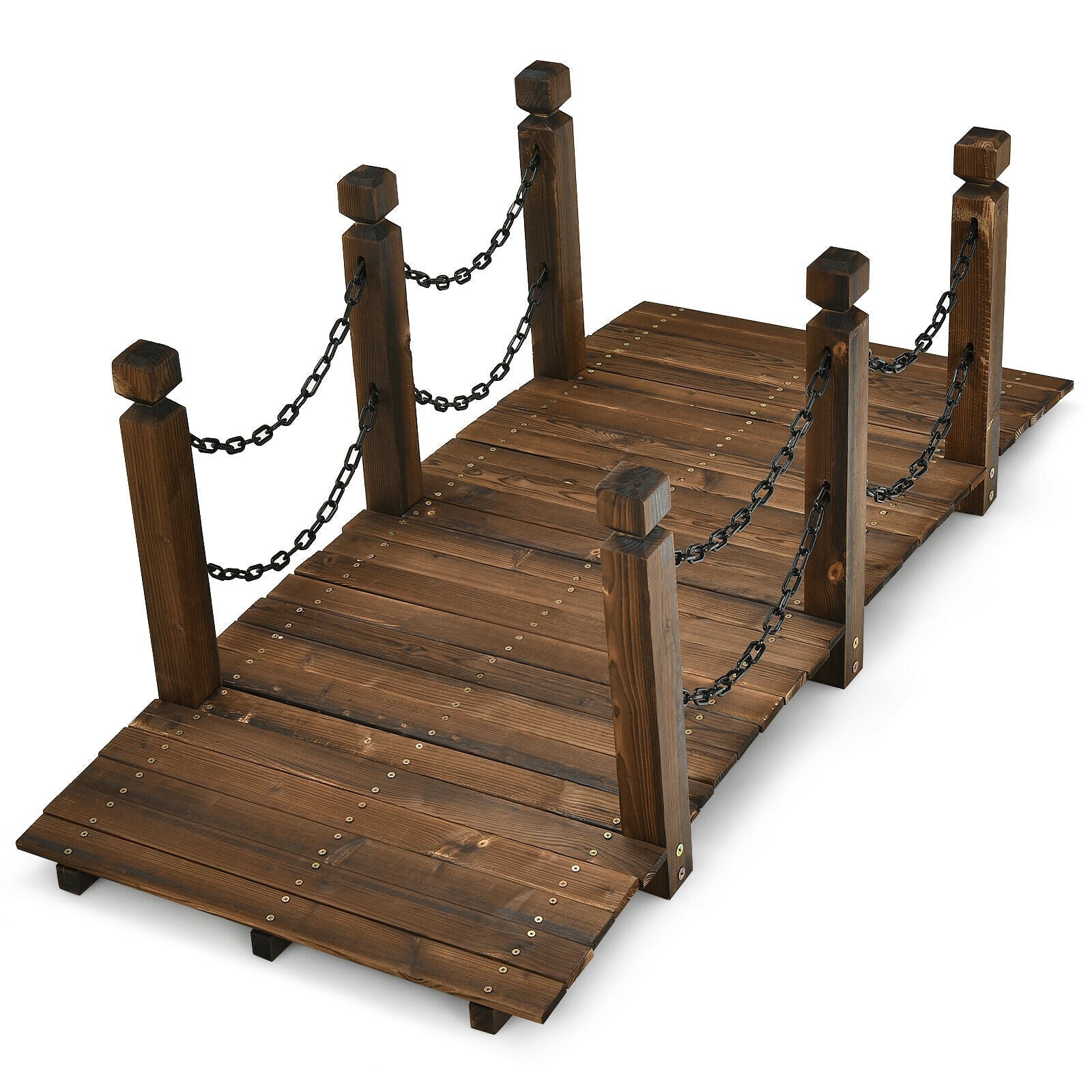 5 Feet Wooden Garden Bridge Arc Footbridge Stained Finish Walkway with Safety Rails - Cheeky Garden