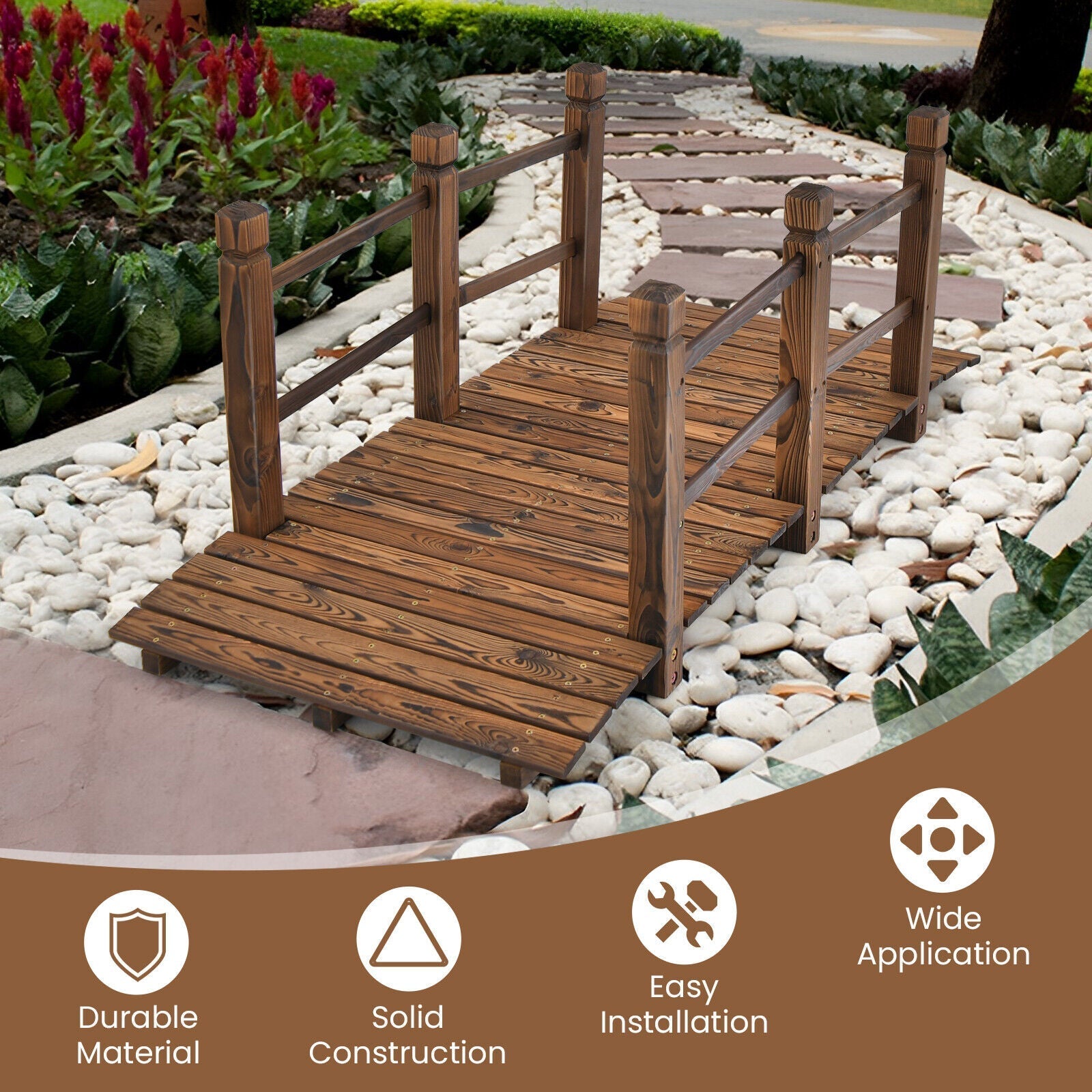 5 Feet Wooden Garden Bridge with Safety Rails - Cheeky Garden